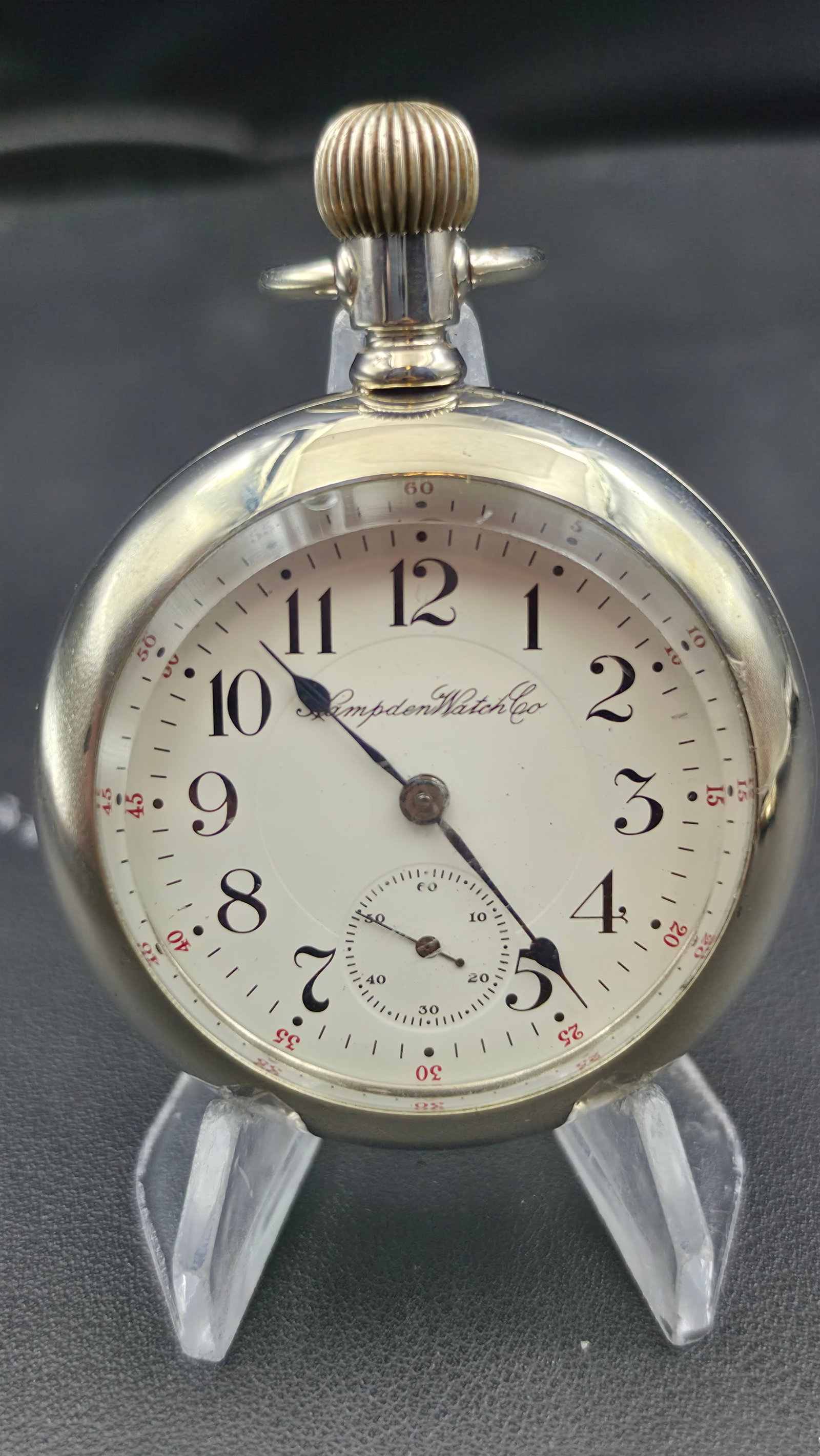 1908 Hampden The Dueber Watch Co 21 Jewel 18s Pocket Watch in Silverode Case with Engraved Stag: This is a Hampden Watch Co. open face pocket watch, grade "The Dueber Watch Co.," Canton, Ohio, model 3, size 18s, 21 jewels, adjusted to five positions with safety pinion and double roller, movement 