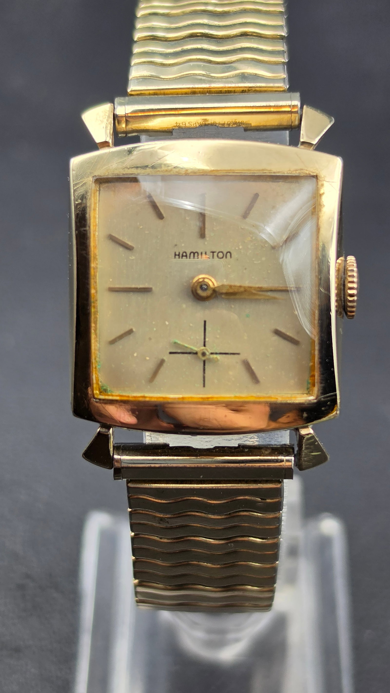 Hamilton Amherst 10K Gold Filled Cal 730 17 Jewel Watch 26mm 1950s Running: This is a Hamilton Amherst wristwatch with a case measuring 26mm in width. The dial is signed Hamilton with applied stick hour markers, a sub-seconds register at 6 with a crosshair track, and dauphine