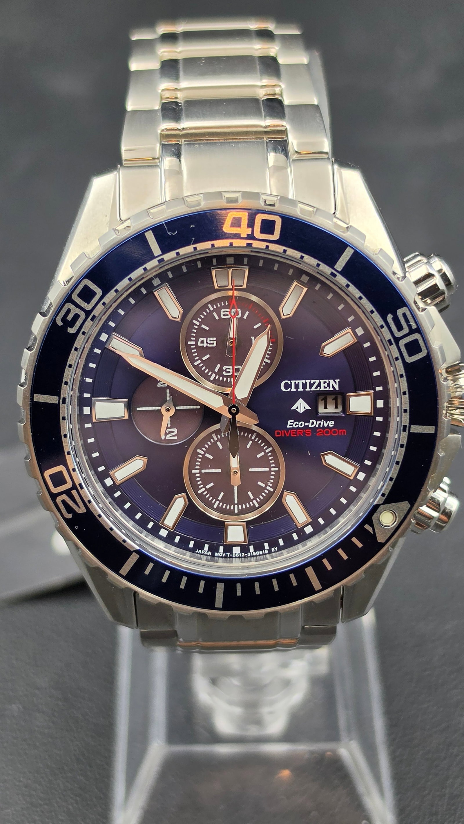 Citizen Eco-Drive Promaster Diver Chronograph Watch, Ref CA0710-58L, NOS, Box & Papers: This Citizen Eco-Drive Promaster Diver chronograph, reference CA0710-58L, features a blue dial with a matching unidirectional rotating bezel, three chronograph subdials, a date window, and luminous ba