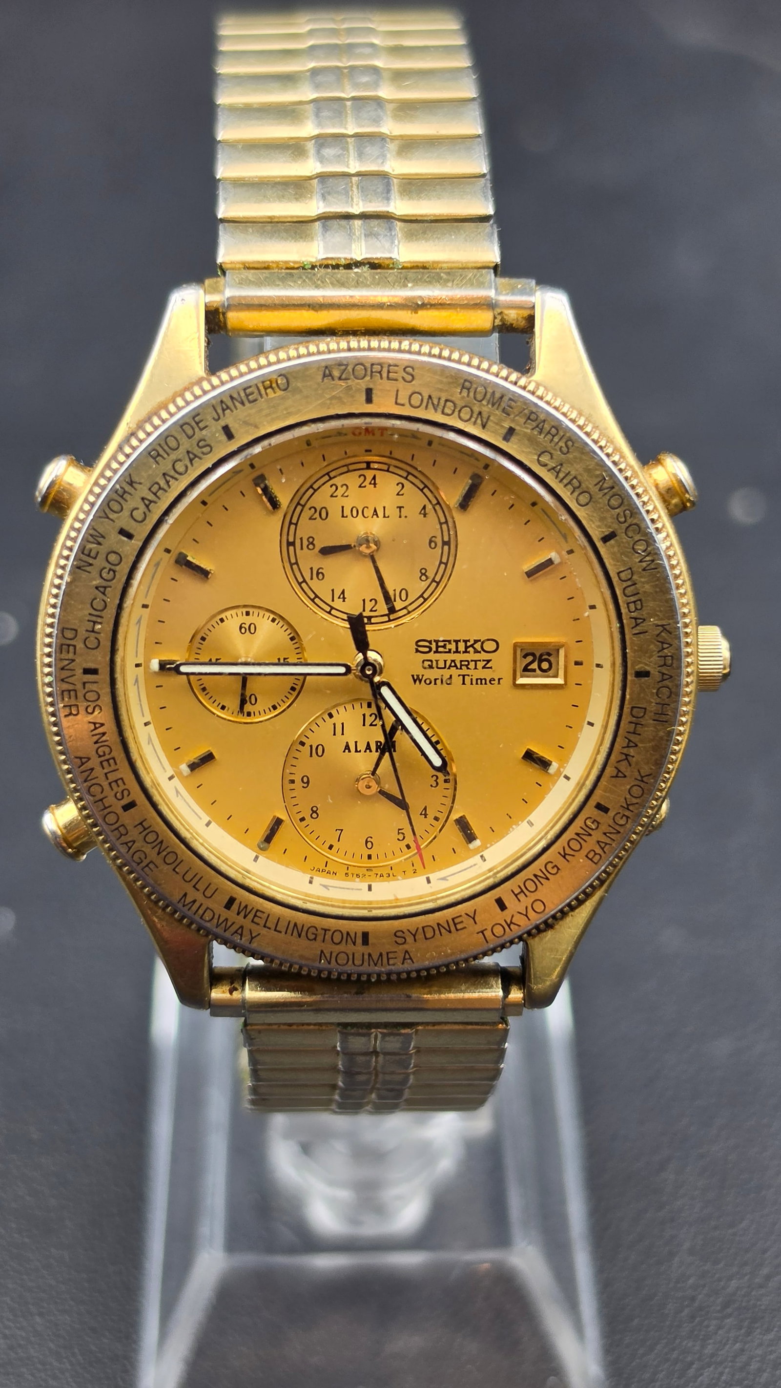 Seiko Quartz World Timer Alarm Chronograph Watch, Ref 5T52, Gold-Tone, with Box (1 of 13)