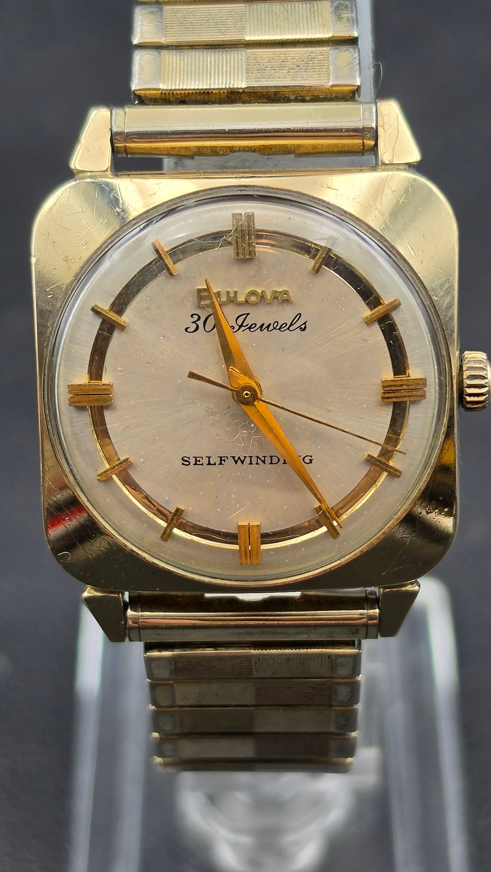 Vintage 1964 Bulova M4 30 Jewel Selfwinding Watch 10K RGP Running: This vintage Bulova wristwatch is signed Bulova, 30 Jewels, and Selfwinding on the dial, with a case back stamped Bulova M4, 10KT R.G. Plate, Waterproof, and serial number H372395, dating production t