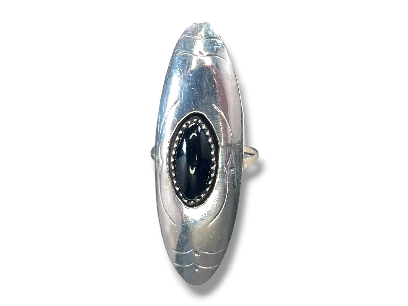 Sz6.25/7g Old Pawn Style Navajo Silver Shield Ring Onyx Stone Hand Stamped (1 of 12)