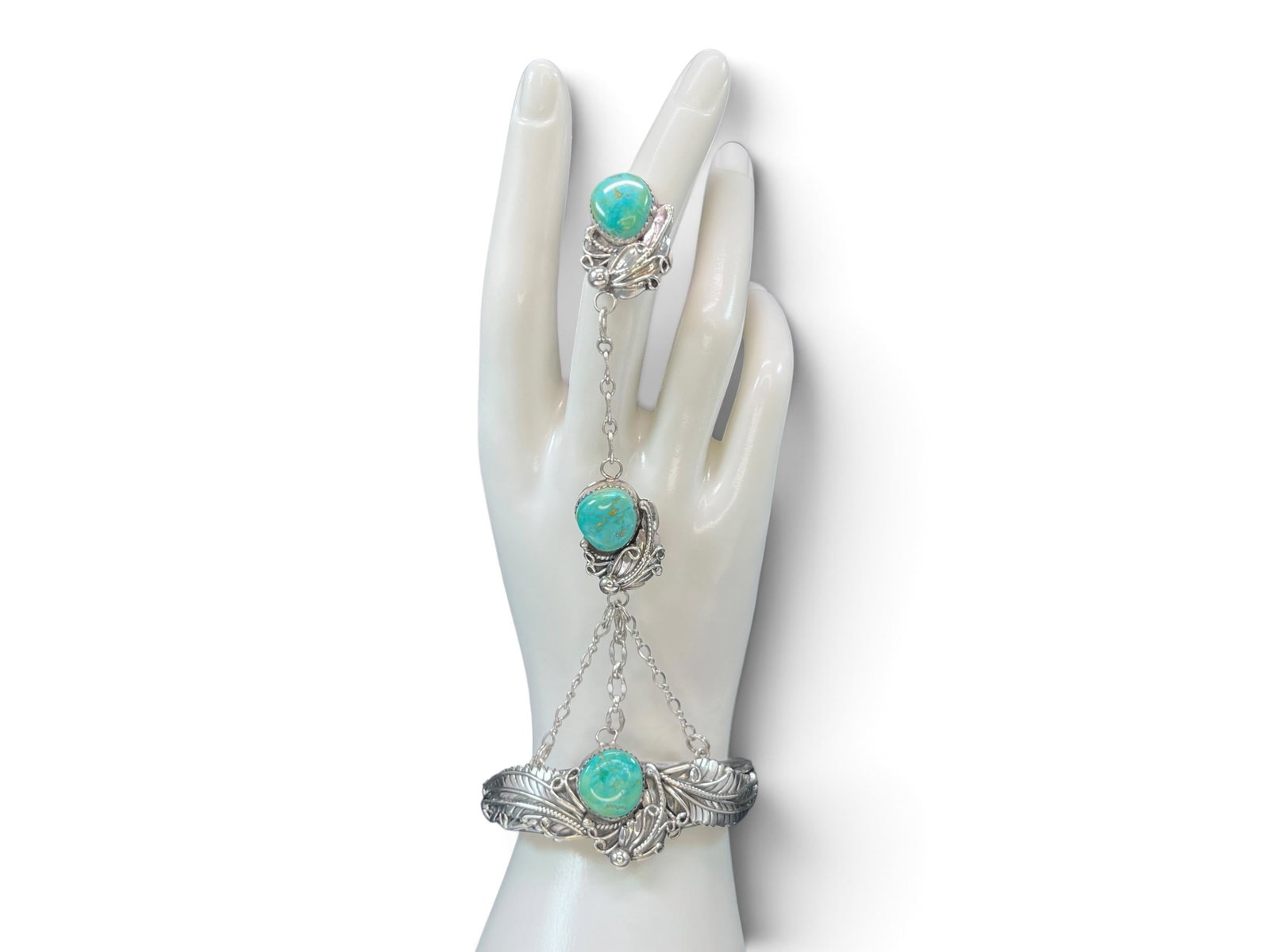 37g Carolyn Pollack Sterling Silver Turquoise Feather Slave Bracelet and Ring Set: This is a three-piece sterling silver “slave bracelet” (hand chain) set combining a cuff bracelet, a central floral link, and a ring, all joined by double sterling chains so that the ring, wor