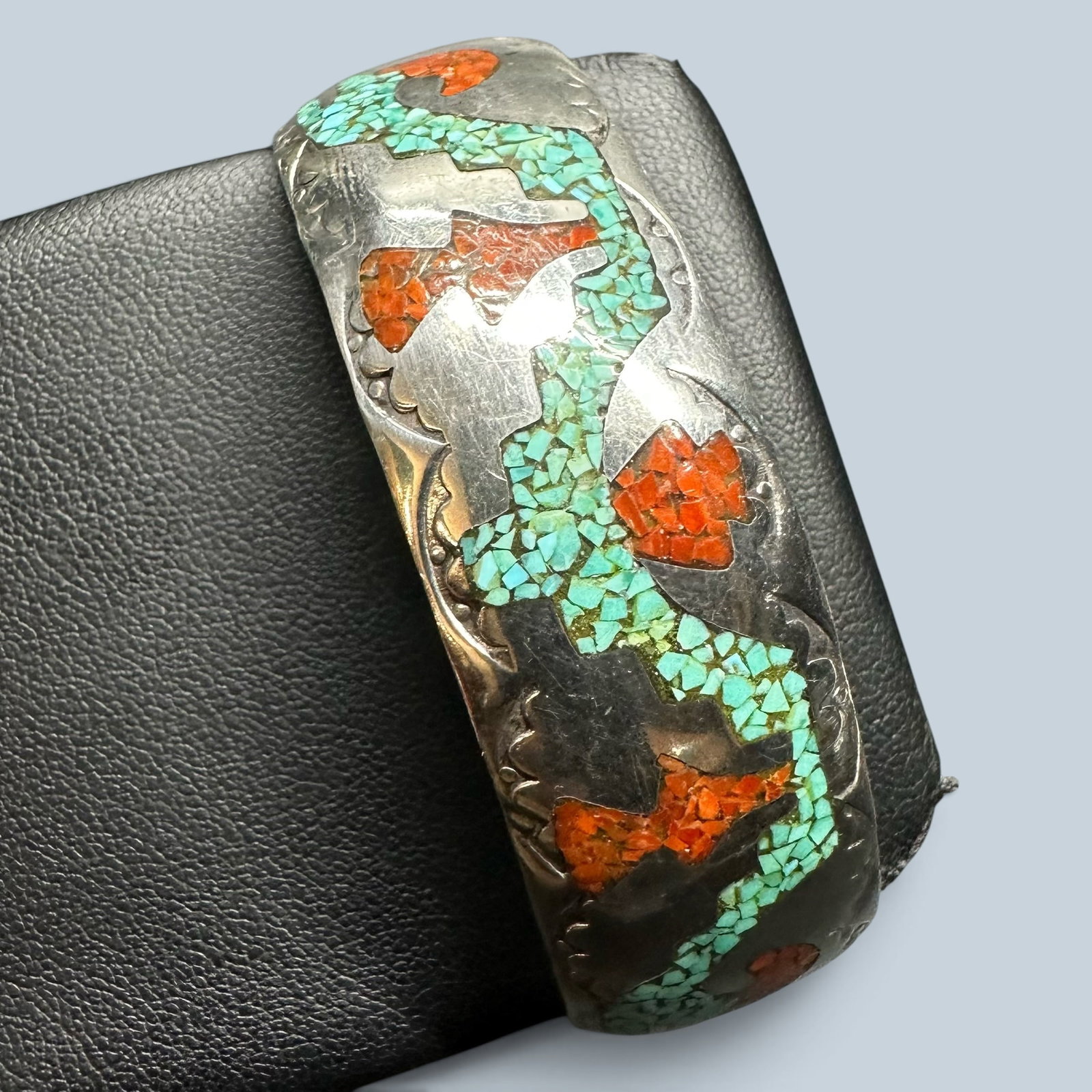 6.5"/32g Delvin J. Nelson Navajo Sterling Silver Turquoise Coral Chip Mosaic Inlay Cuff Bracelet (1 of 9)