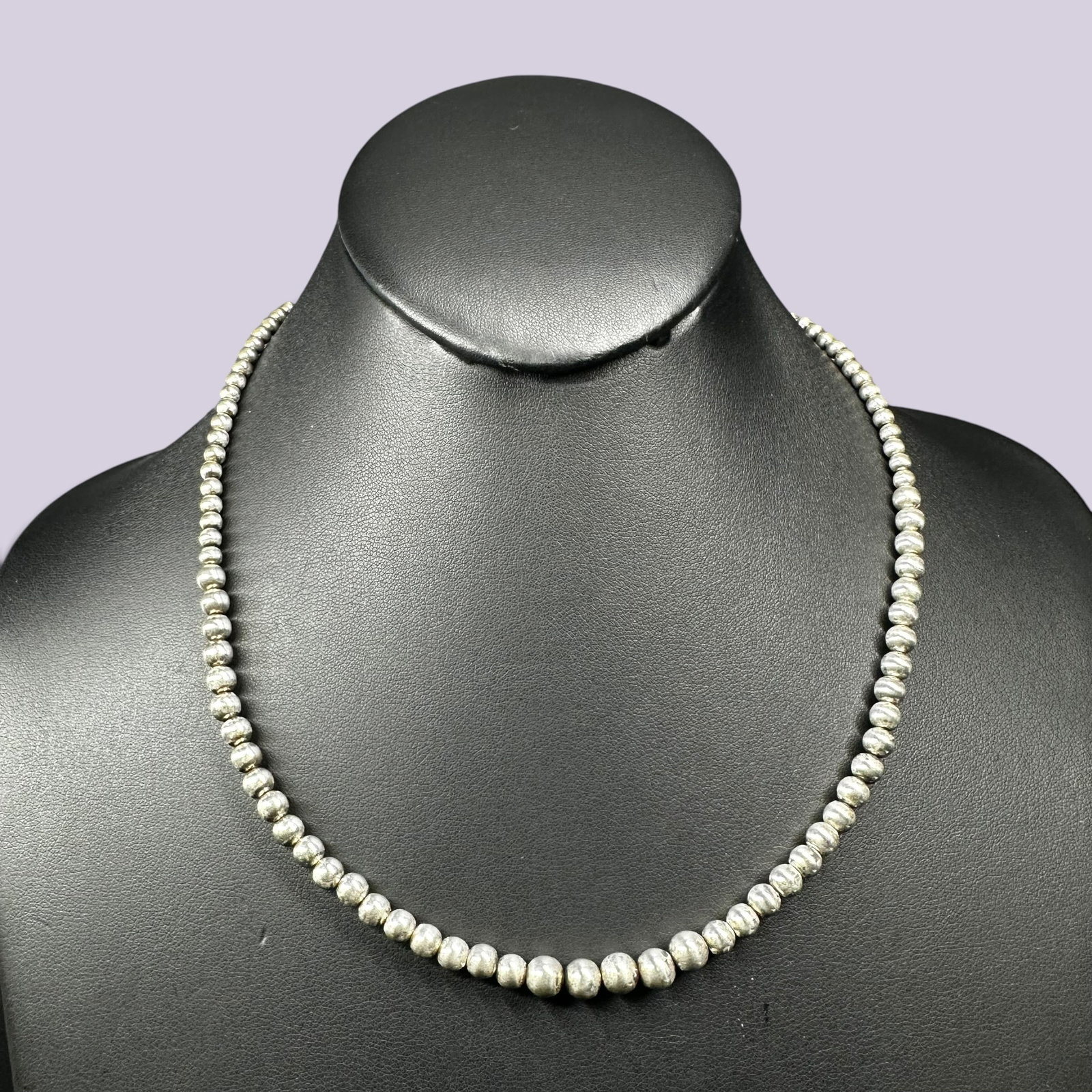 17"/13g Southwestern Sterling Silver Beaded Necklace: 17"/13g Southwestern Sterling Silver Beaded Necklace:Brand/Model: No hallmark. Unidentified artisan/shop.Manufacturer Location: Not marked.Year Produced: Unknown.Specs/Description: Southwestern style 