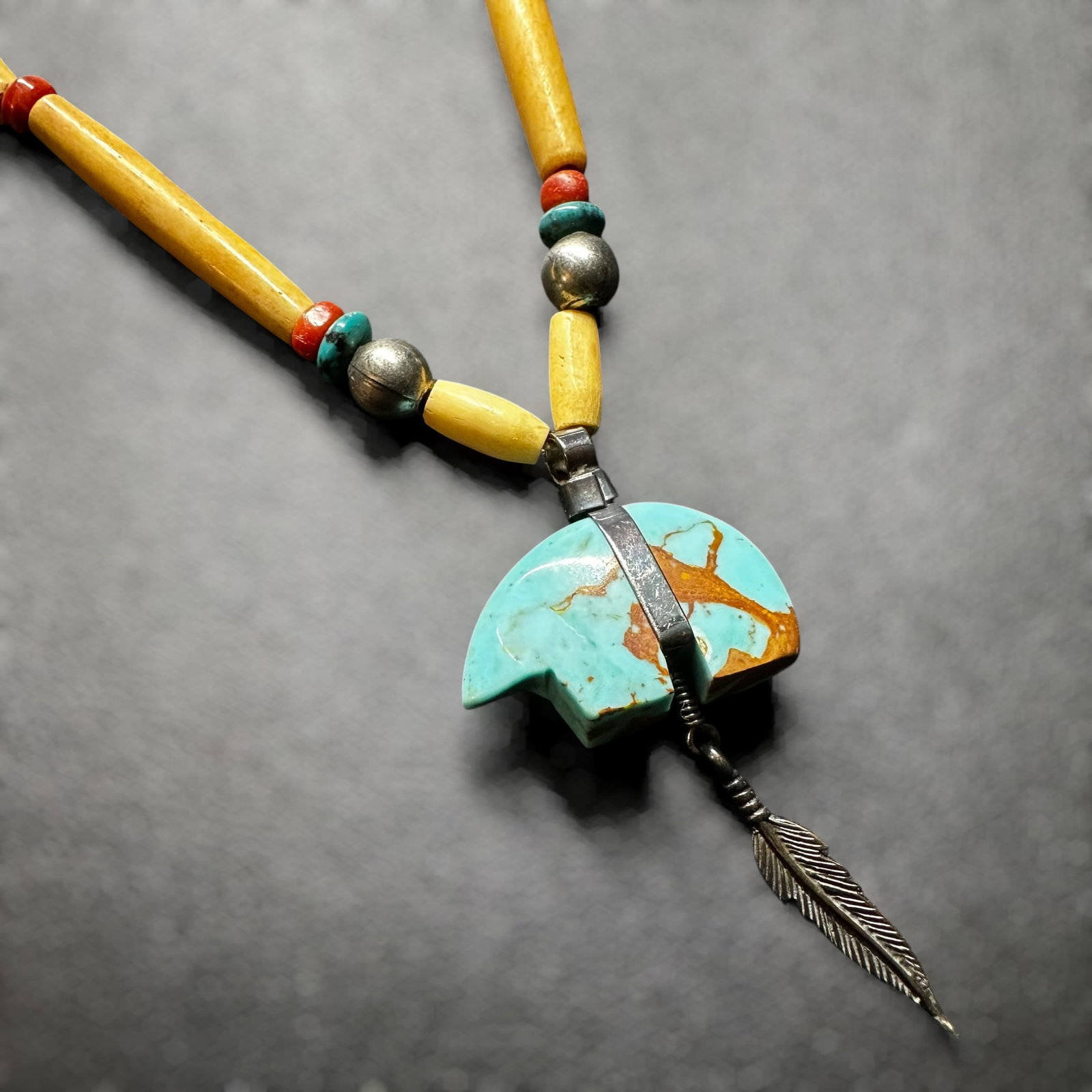 22" Southwestern Style Leather Coral Turquoise Fetish Bear Necklace: 22" Southwestern Style Leather Coral Turquoise Fetish Bear Necklace:Brand/Model: No hallmark. Unidentified artisan/shop.Manufacturer Location: Not marked.Year Produced: Unknown.Specs/Description: One 