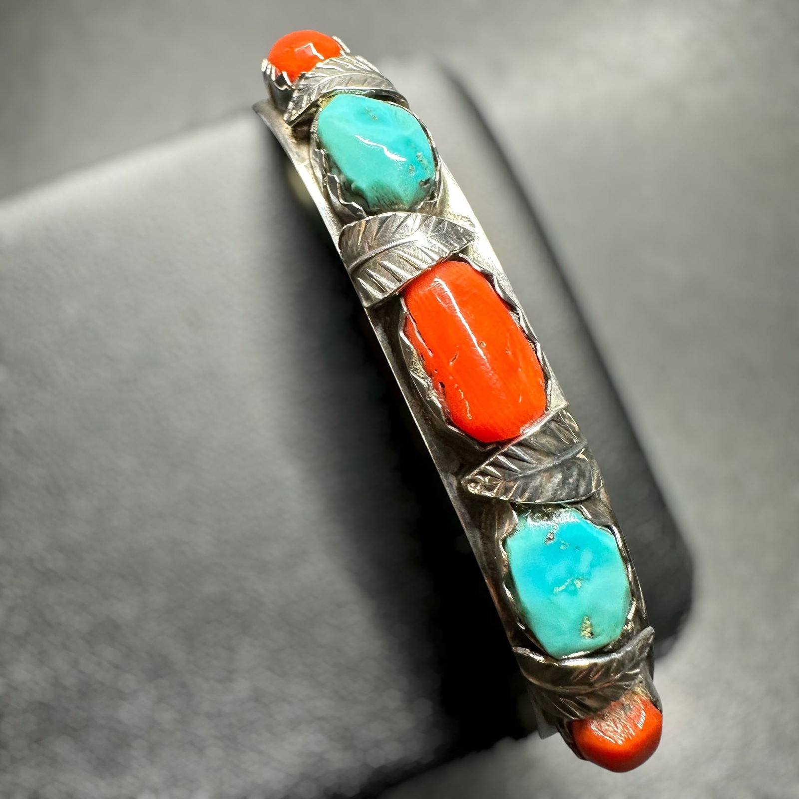 6.5"/19g Alfonso Penketewa Zuni Pueblo Sterling Silver Sleeping Beauty Turquoise Coral Cuff (1 of 11)