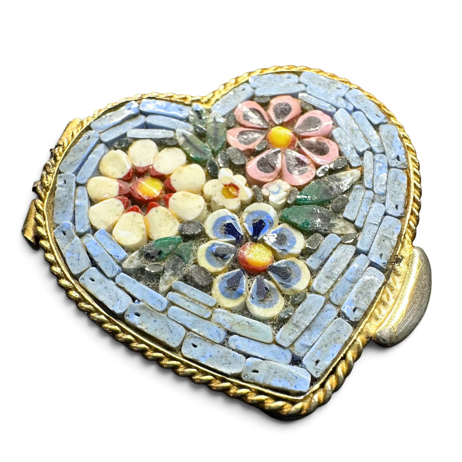 Vintage Italy Gold Tone Micro Mosaic Heart Trinket Box: Vintage Italy Gold Tone Micro Mosaic Heart Trinket Box:Brand/Model: No hallmark. Unidentified maker.Manufacturer Location: Italy. Marked “ITALY.”Year Produced: Unknown.Specs/Description: Vinta