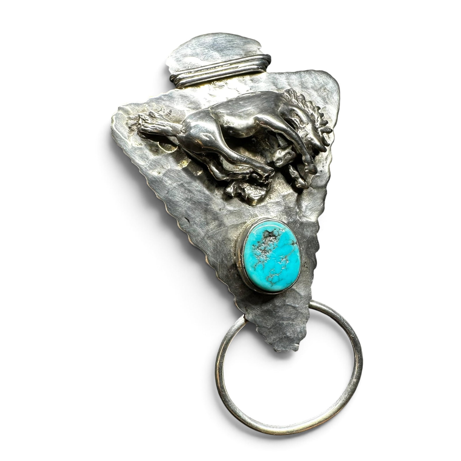 11g Southwestern Sterling Silver Kingman Turquoise Arrowhead Horse Brooch: 11g Southwestern Sterling Silver Kingman Turquoise Arrowhead Horse Brooch:Brand/Model: No hallmark. Unidentified artisan/shop.Manufacturer Location: Not marked.Year Produced: Unknown.Specs/Description