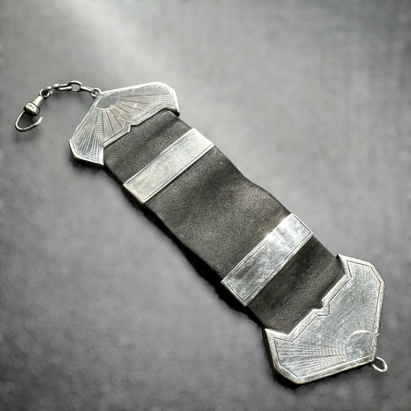 Art Deco 800 Silver & Leather Watch Fob: Art Deco 800 Silver & Leather Watch FobBrand/Model: Unidentified maker. Hallmarked with maker’s/pictorial marks and “800.”Manufacturer Location: Europe. Exact country not identified.Year Pro
