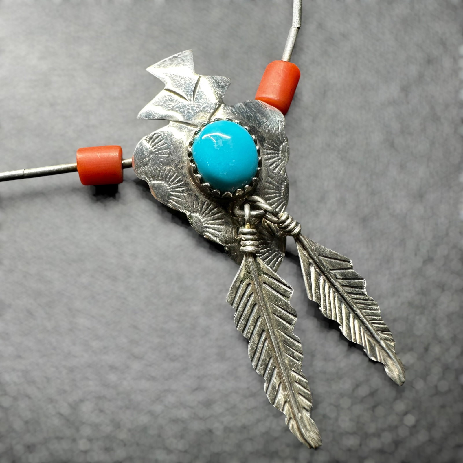 18"/7g Southwestern Sterling Silver Coral Turquoise Arrowhead Necklace: 18"/7g Southwestern Turquoise Sterling Silver NecklaceBrand/Model: No hallmark. Unidentified artisan/shop.Manufacturer Location: Not marked.Year Produced: Unknown.Specs/Description: Southwestern Sterl