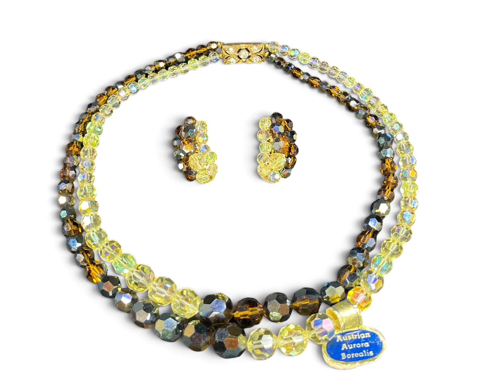 Austrian Aurora Borealis Yellow and Brown Parure Set Necklace and Clip-On Earrings (1 of 17)
