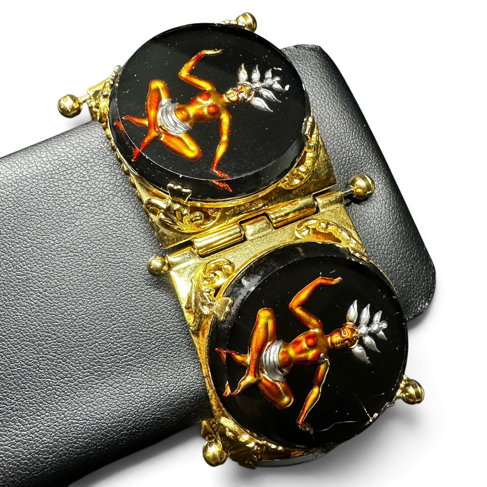 6.5" Mid-Century Siam/Thai Dancer Reverse Carved Painted Glass Panel Bracelet (1 of 9)