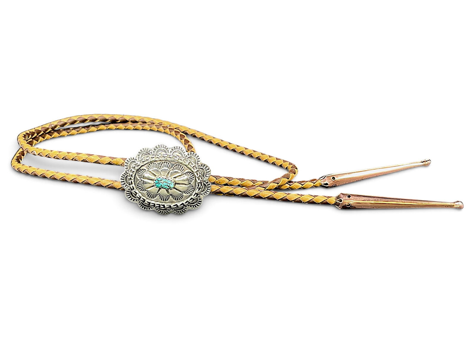 Oscar Alexius Navajo Sterling Turquoise Contrasting Leather Braid Bolo (1 of 17)