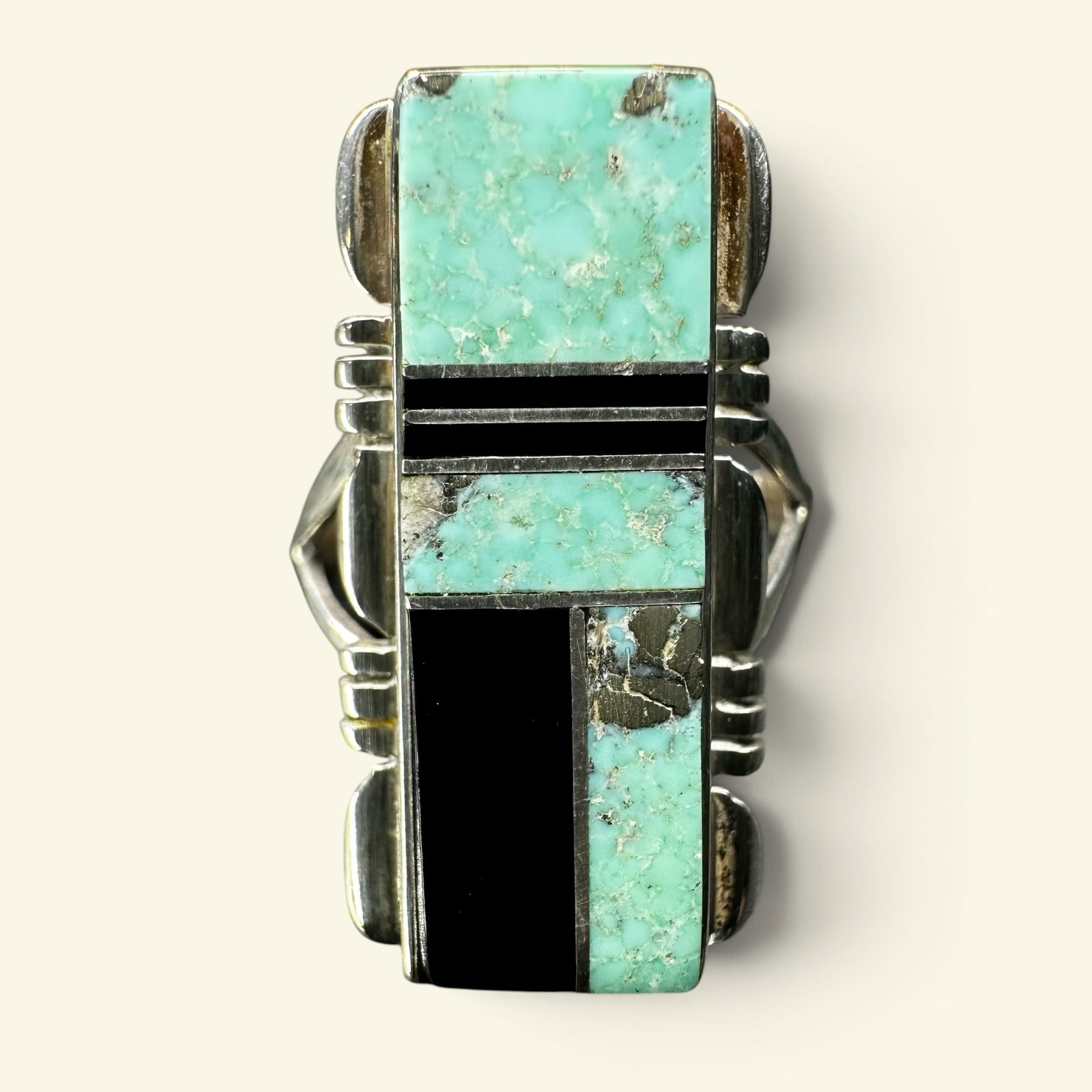Sz6.5/6g Antonio Yazzie Navajo (Diné) Sterling Silver Ring Turquoise Onyx Inlay Ring (1 of 8)
