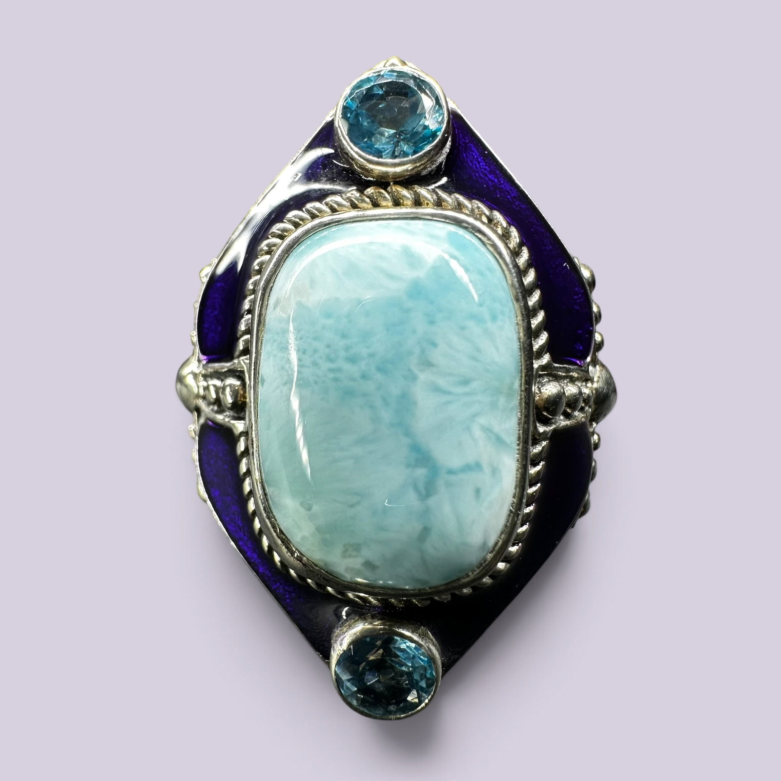 Sz7/9g 925 Sterling Silver Larimar Blue Topaz Vitreous Enamel Cross Ring (1 of 9)