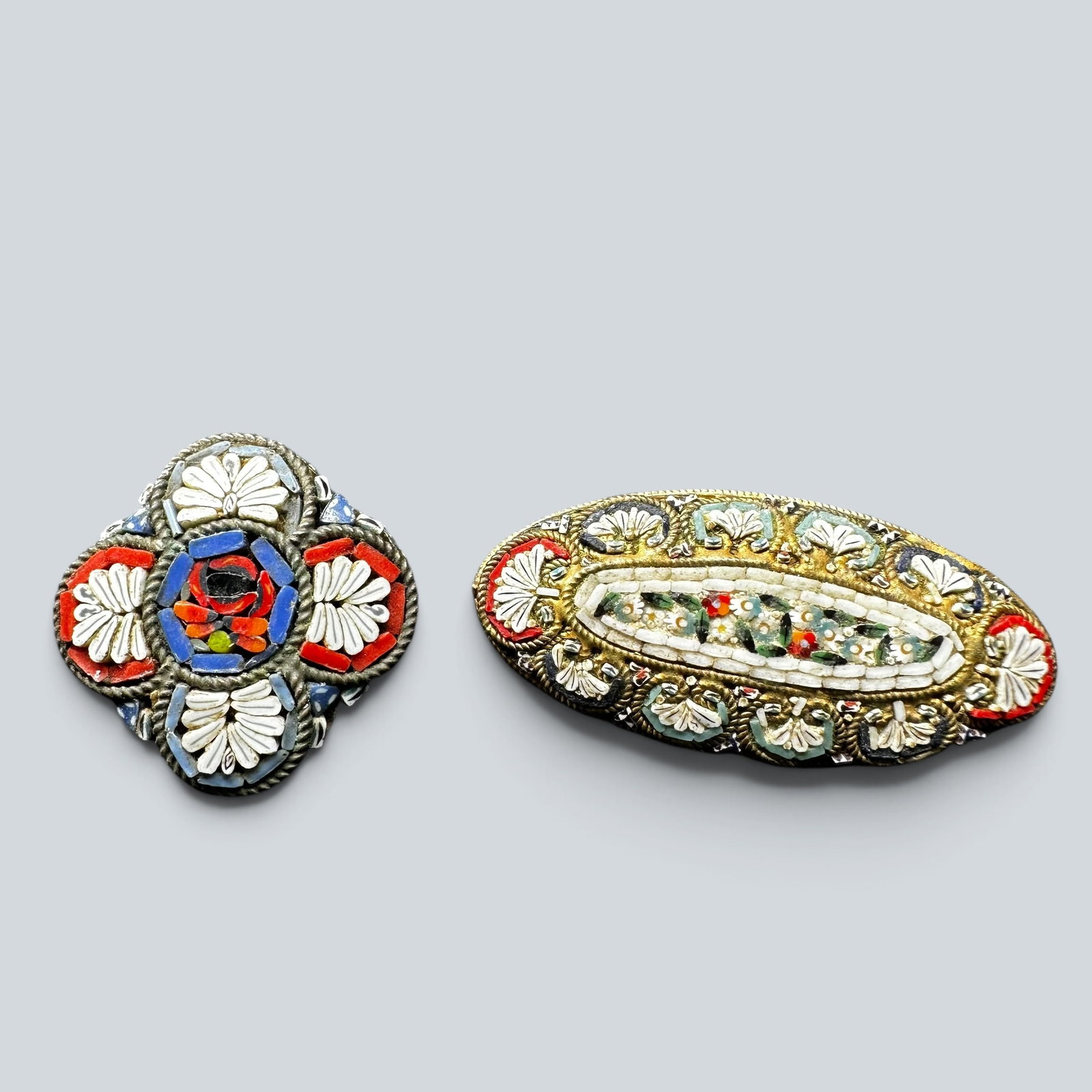 Vintage Italy Micro Mosaic Brooch Pin Lot: Vintage Italy Micro Mosaic Brooch Pin Lot:Brand/Model: No hallmark. Unidentified artisan/shop.Manufacturer Location: Italy. Both pieces marked “MADE IN ITALY” or “ITALY.”Year Produced: