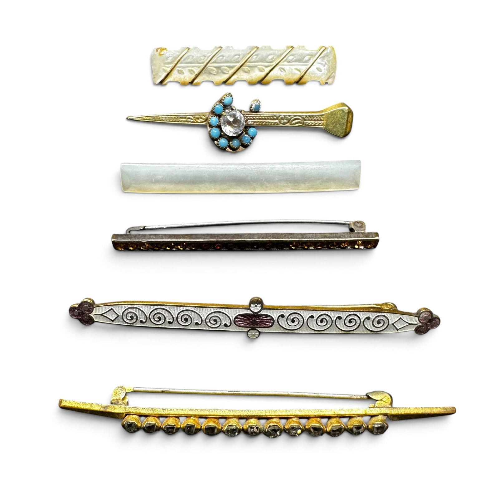 Antique Victorian & Edwardian Gold Tone Mother of Pearl & Rhinestone Bar Pin Lot: Antique Victorian & Edwardian Gold Tone Mother of Pearl & Rhinestone Bar Pin Lot::Brand/Model: No hallmark. Unidentified makers.Manufacturer Location: Not marked.Year Produced: Circa 1890s to the 1920