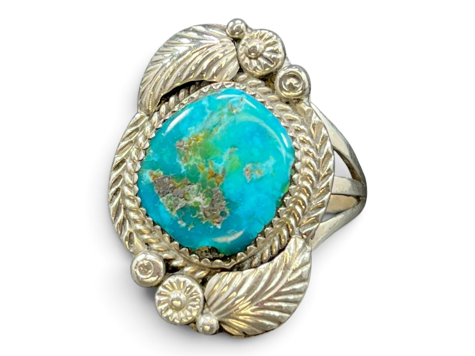 6g/Sz10.25 Elaborately Decorated Thomas Jim Navajo Sterling Silver Turquoise Ring (1 of 12)