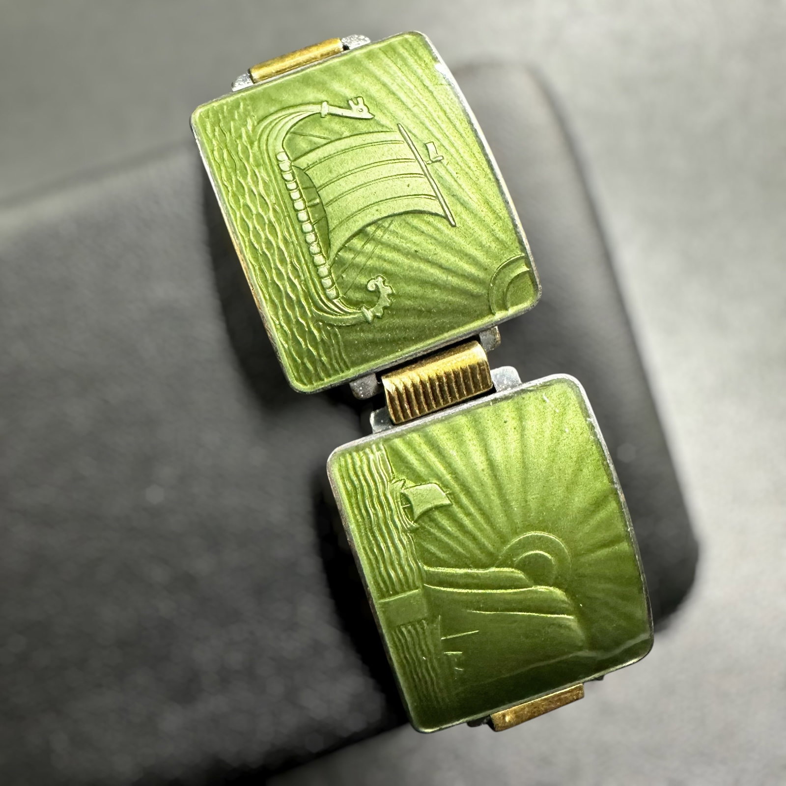 7"/45g Thune Norway Gold Washed Sterling Silver Green Guilloché Enamel Panel Bracelet (1 of 11)