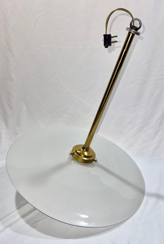 Antique 1920s Benjamin Three-Cluster Milk Glass Saucer Pendant Light: Authentic 1920s Benjamin hanging electric light featuring a classic three-cluster brass fixture, brass stem, and white milk glass saucer shade. This elegant vintage pendant lamp showcases timeless ear