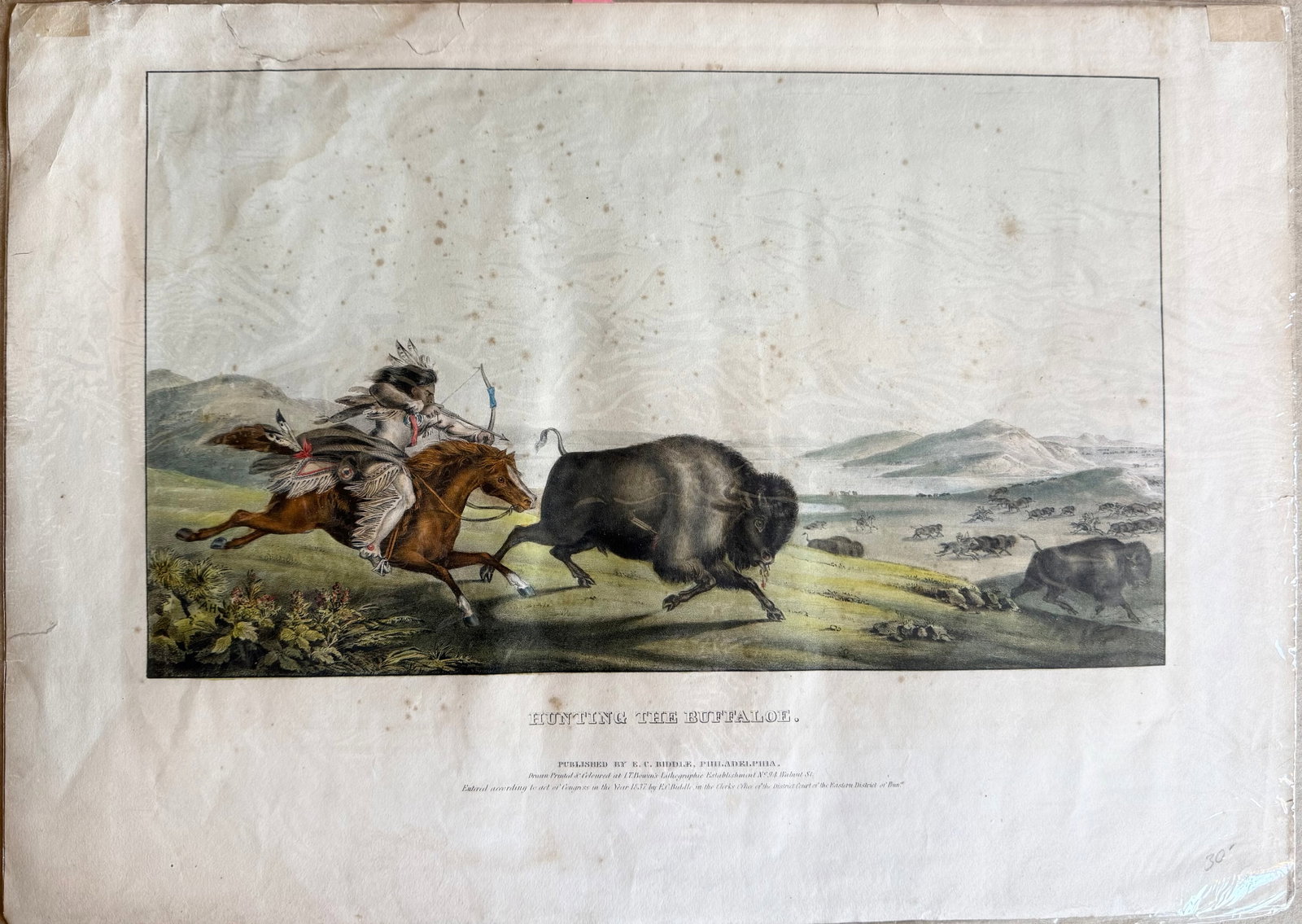1837 hand-colored lithograph "Hunting the Buffaloe" by Alfred M. Hoffy (1 of 8)