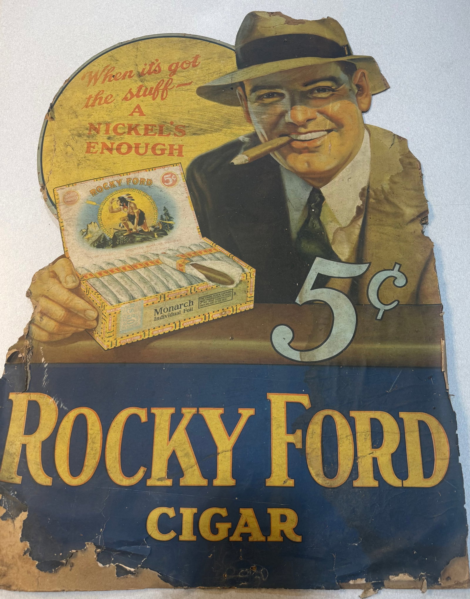 Rare vintage, die-cut tin or cardboard advertising sign for Rocky Ford Cigars (1 of 7)