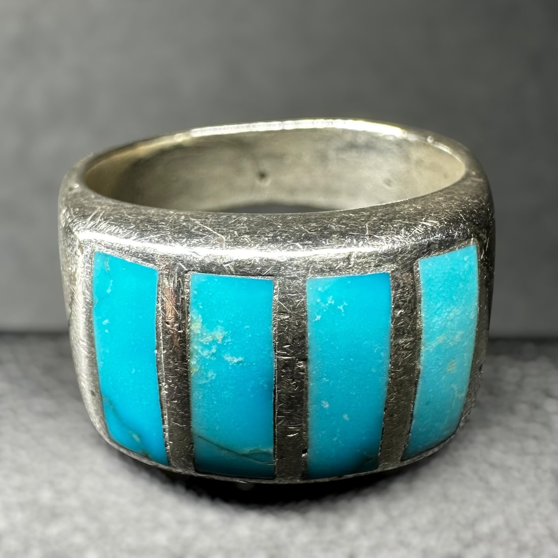 Sz11/14g Taxco Mexico Sterling Silver Turquoise Inlay Ring (1 of 8)