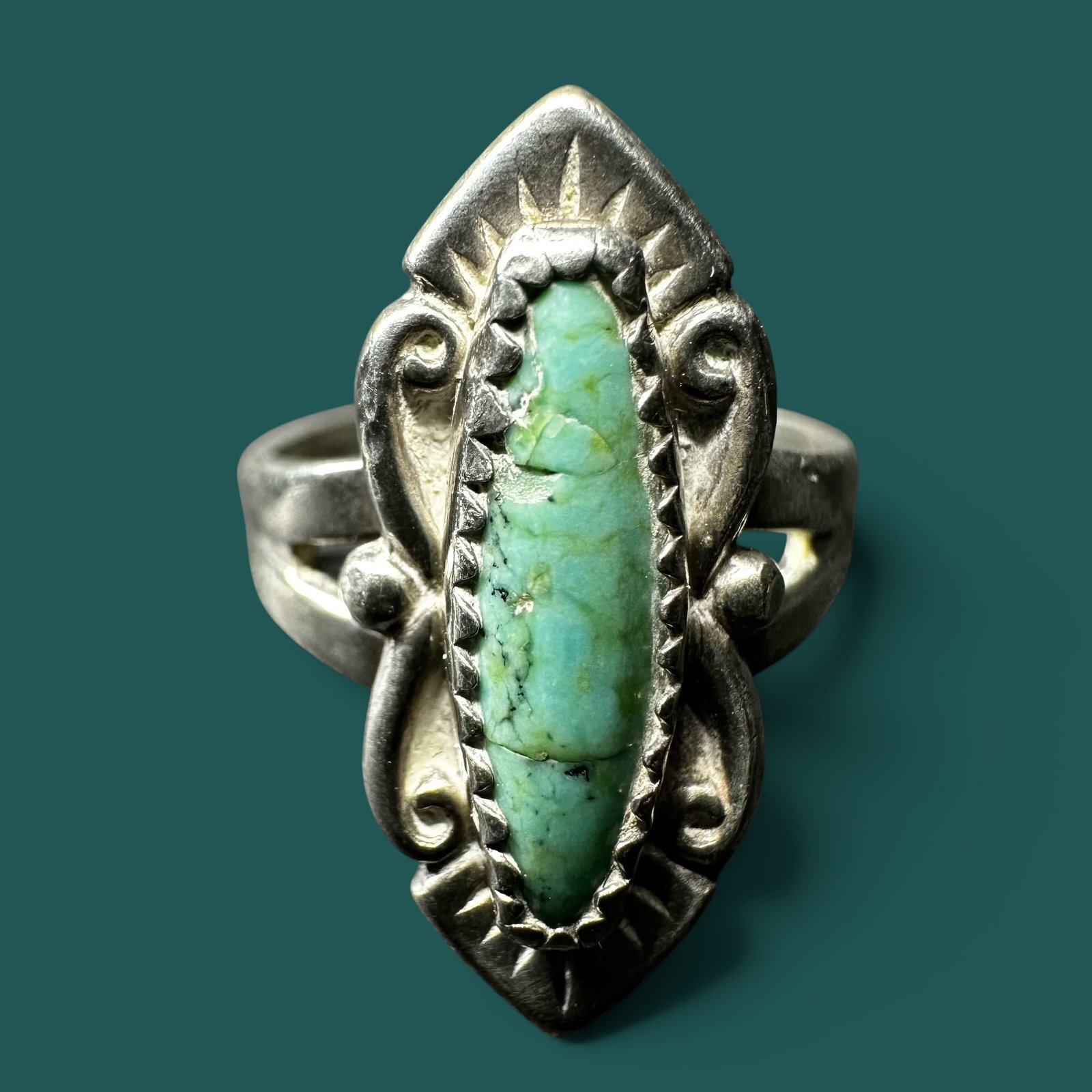 Sz4.75/3g Bell Trading Post Sterling Silver Turquoise Navette Ring (1 of 9)