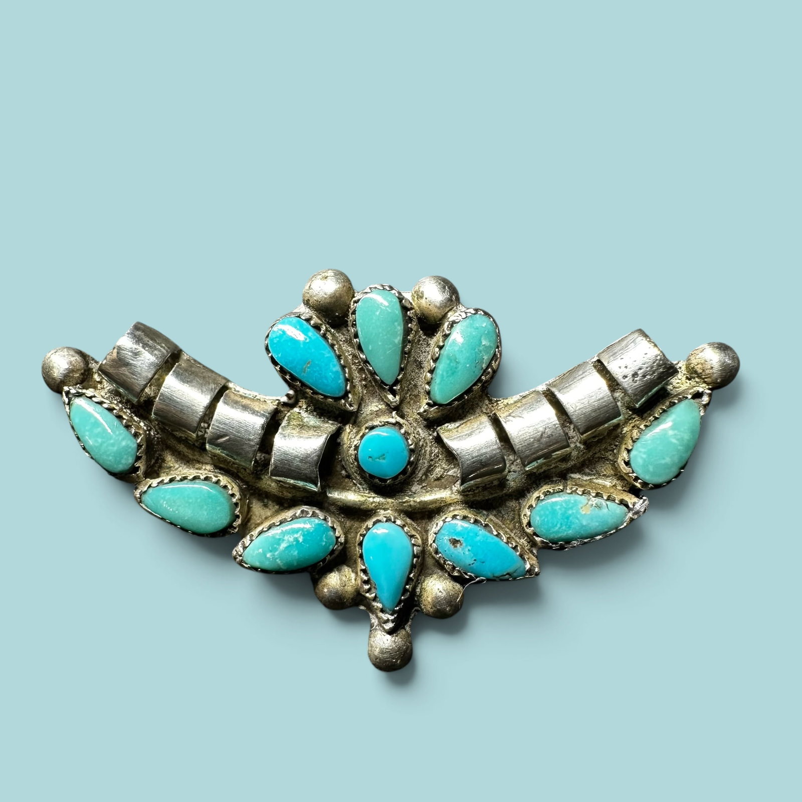 4g Raymond & Evelyn Edaakie Zuni Sterling Silver Sleeping Beauty & Morenci Turquoise Brooch (1 of 8)