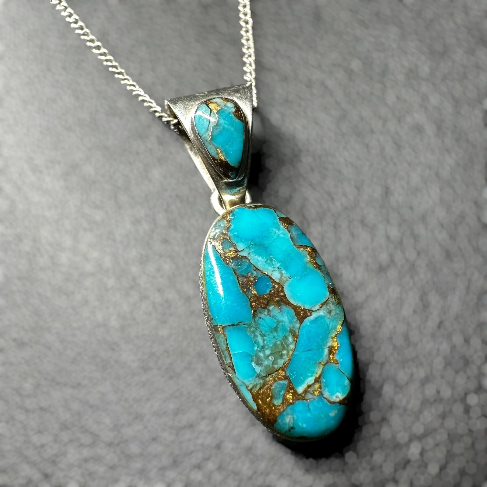 14"/5g Sterling Silver Mojave Turquoise Pendant Necklace: 14"/5g Sterling Silver Mojave Turquoise Pendant Necklace:Brand/Model: Unidentified artisan/shop. Hallmarked “Sterling” and “PHILIPPINES.”Manufacturer Location: Philippines.Year Produce