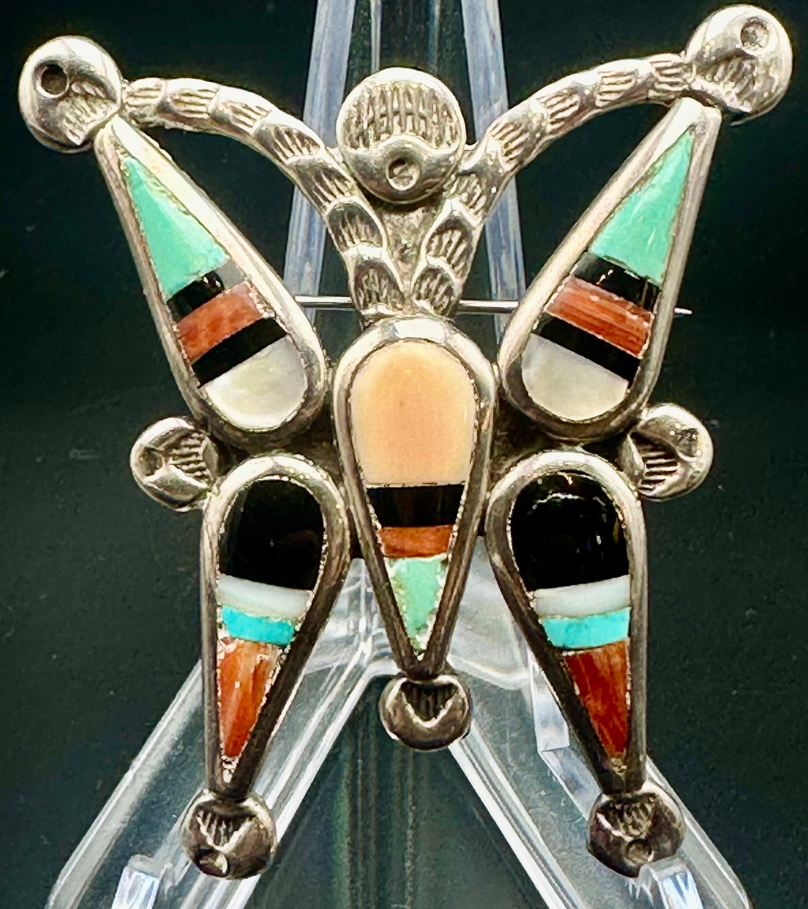 Vintage Zuni Sterling Silver Multi-Stone Inlay Butterfly Pin 24g: Vintage Zuni sterling silver butterfly pin with colorful turquoise, coral, jet and shell inlay. Nice detailed silver work. Weighs approximately 24 grams. Good vintage condition with normal age wear.