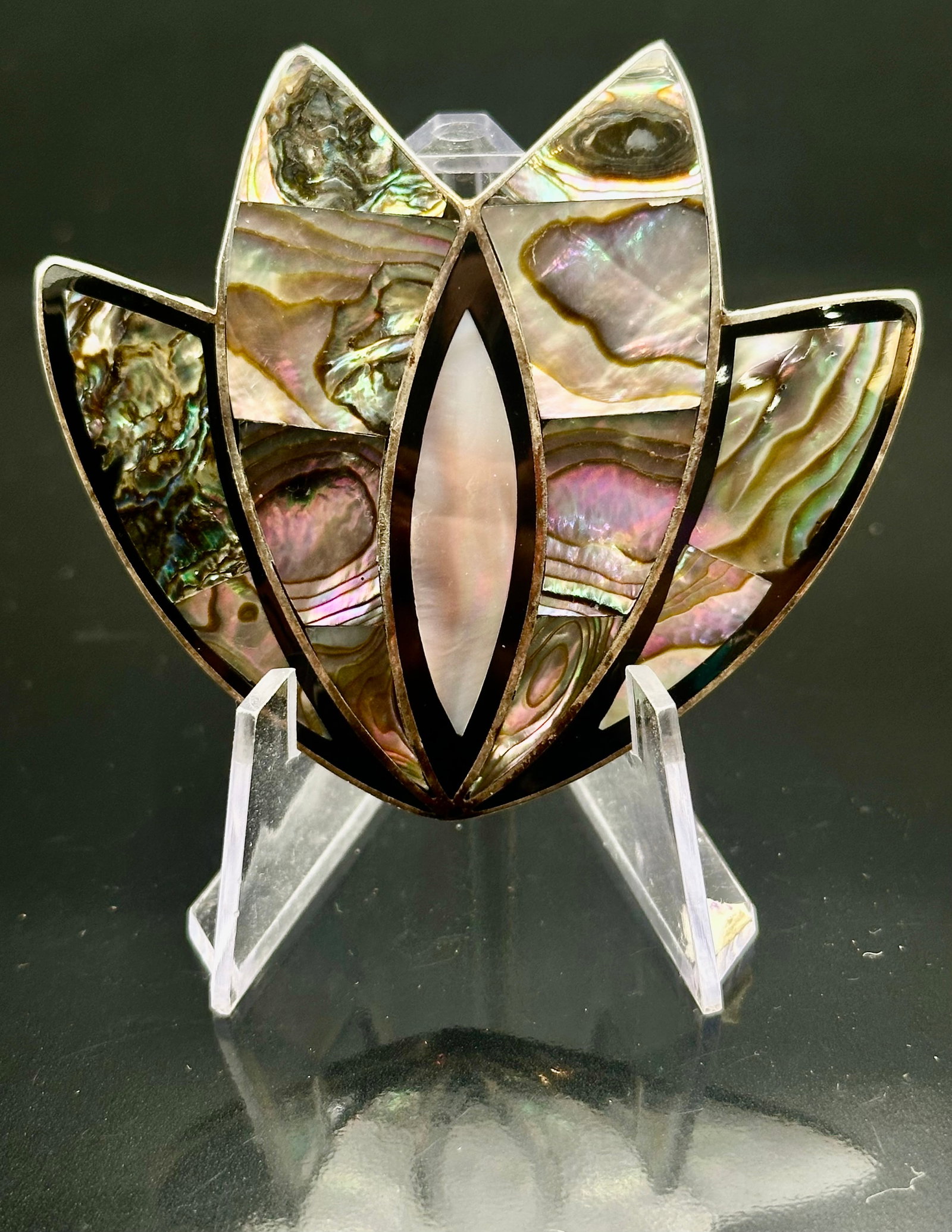 Vintage Mexico Alpaca Silver Abalone Inlay Lotus Flower Brooch 15g (1 of 8)