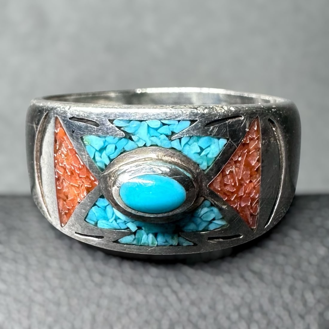 Sz10.5/8g Great American West Sterling Silver Turquoise Coral Chip Inlay Ring (1 of 10)