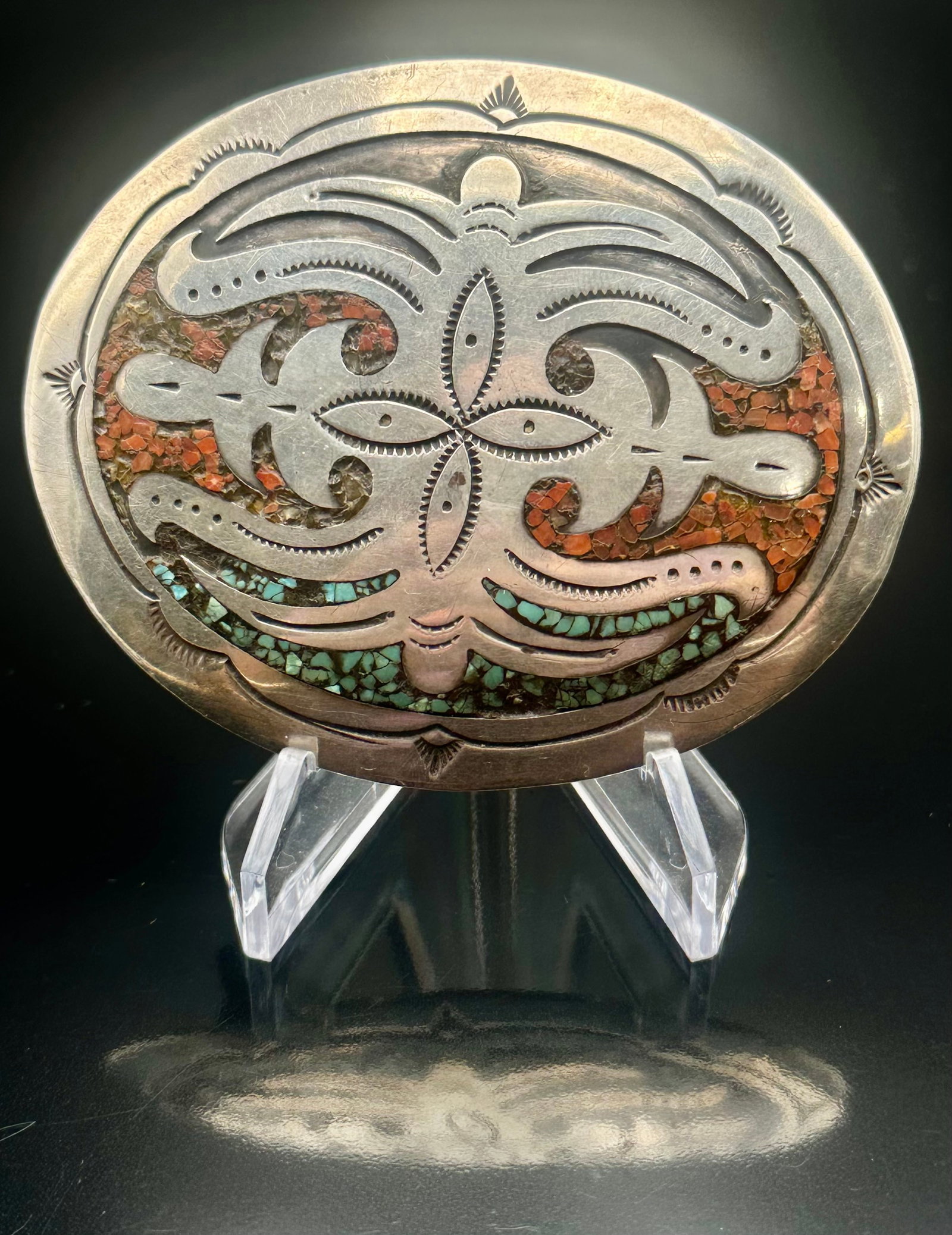 42g Jacqueline Silver Navajo Turquoise Coral Inlay Silver Belt Buckle: Vintage Navajo silver belt buckle by Jacqueline Silver. Features detailed overlay work with turquoise and coral chip inlay. Signed with her J hallmark and an additional HMY pictorial mark. Weighs 42 g