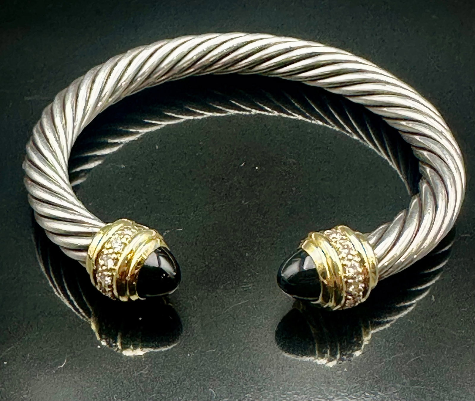 45g David Yurman Sterling Silver 18K Gold Onyx Diamond Cable Cuff (1 of 9)