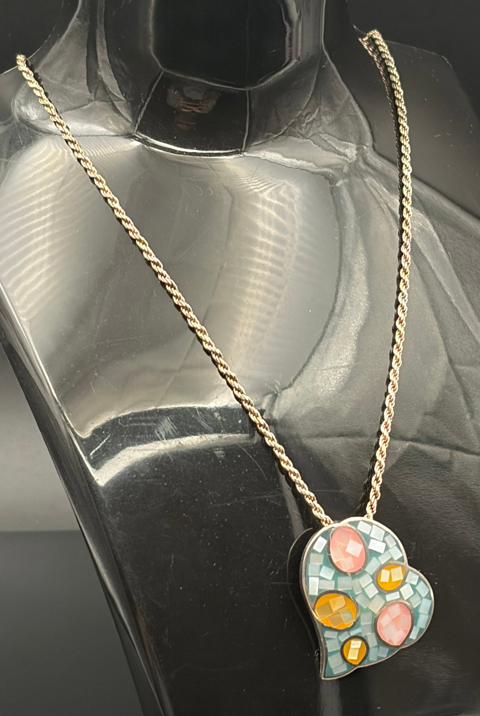 16.3 g Vintage Italian Sterling Silver .925 Artisanal Mosaic Asymmetrical Heart Pendant Necklace: A beautiful, artisan-crafted asymmetrical heart pendant necklace featuring a striking modern mosaic tile design. This unique piece showcases meticulous color blocking and custom stone inlay, creating 