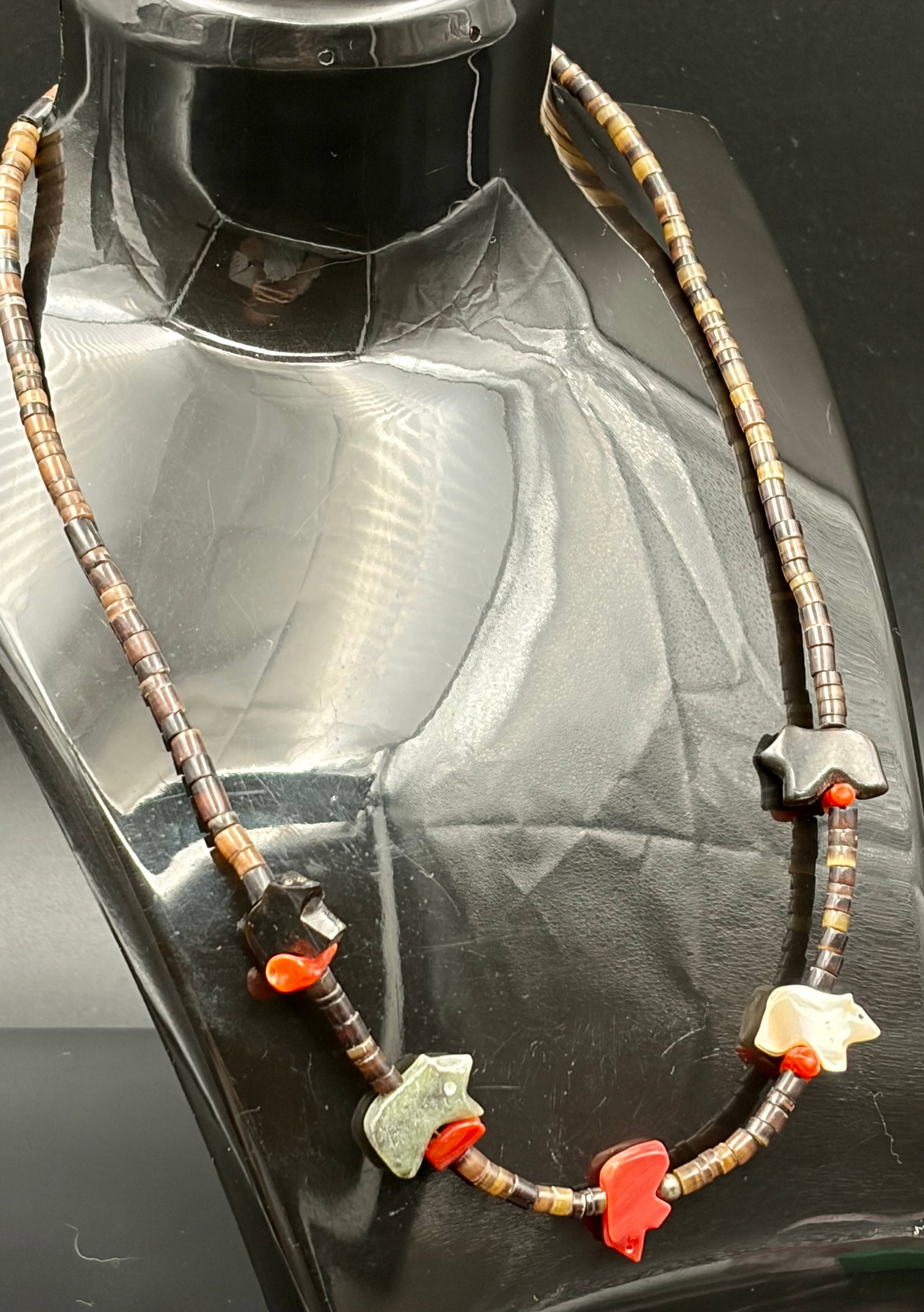 10.3 g Native American Style Zuni Bear Fetish Necklace - Multi-Gemstone Heishi Bead: This is a beautiful vintage Southwestern-style single-strand bear fetish necklace weighing exactly 10.3 grams. The piece features five delicately hand-carved animal fetishes separated by ultra-fine he