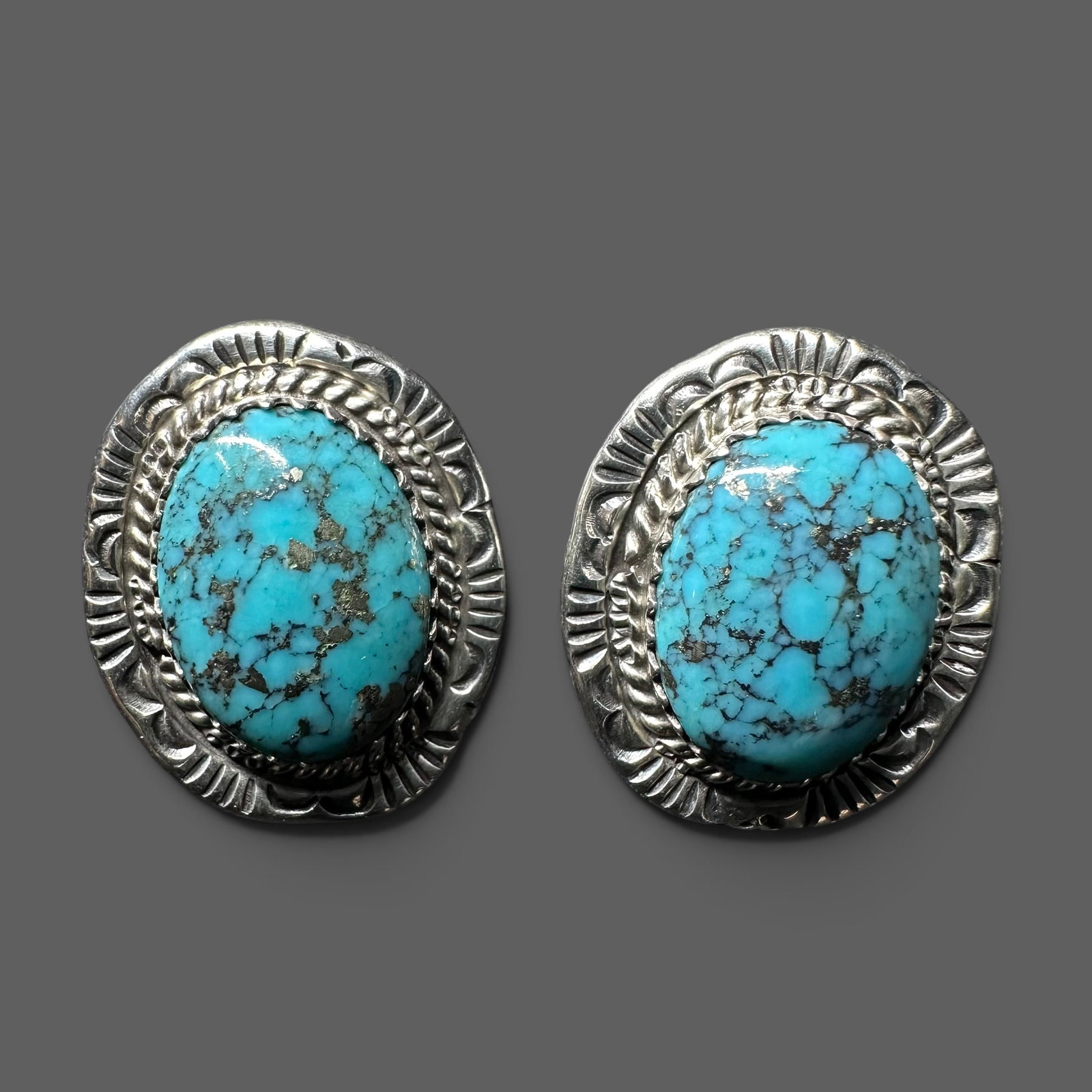6g Navajo (Diné) Sterling Silver Morenci Turquoise Stamped Concho Stud Earrings: 6g Navajo (Diné) Sterling Silver Morenci Turquoise Stamped Concho Stud Earrings:Brand/Model: No hallmark. Artisan/Shop unidentified. Marked “STERLING.”Manufacturer Location: Navajo Nation, So
