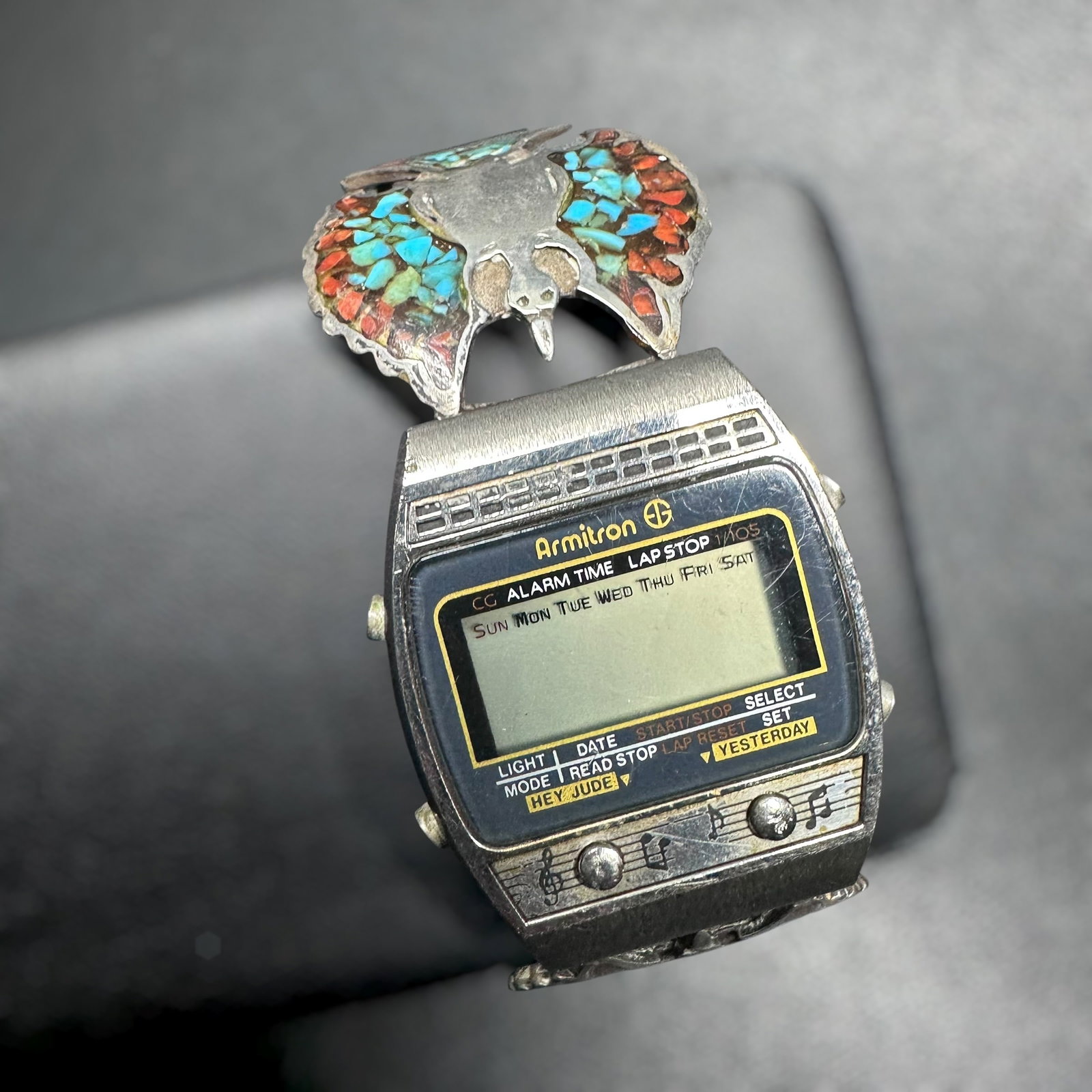 7"/67g Navajo (Diné) Sterling Silver Turquoise Coral Chip Thunderbird Armitron Digital Watch: 7"/67g Navajo (Diné) Sterling Silver Turquoise Coral Chip Thunderbird Armitron Digital WatchBrand/Model: Armitron digital wristwatch. Navajo (Diné) artisan watch tips. No artisan hallmark observed.M