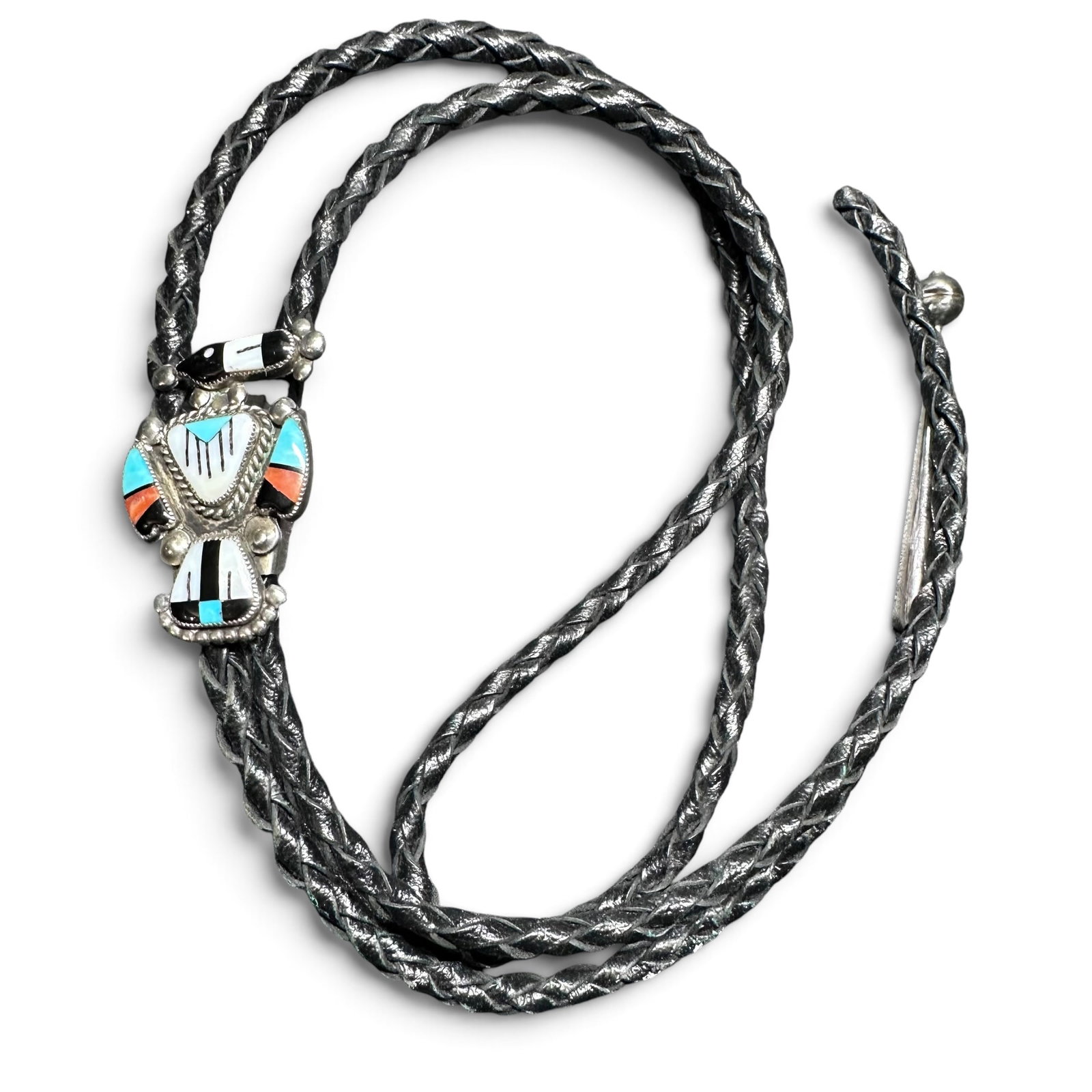 36"/24g Zuni Sterling Silver Multi-Stone Inlay Knifewing & Braided Leather Bolo Tie (1 of 7)