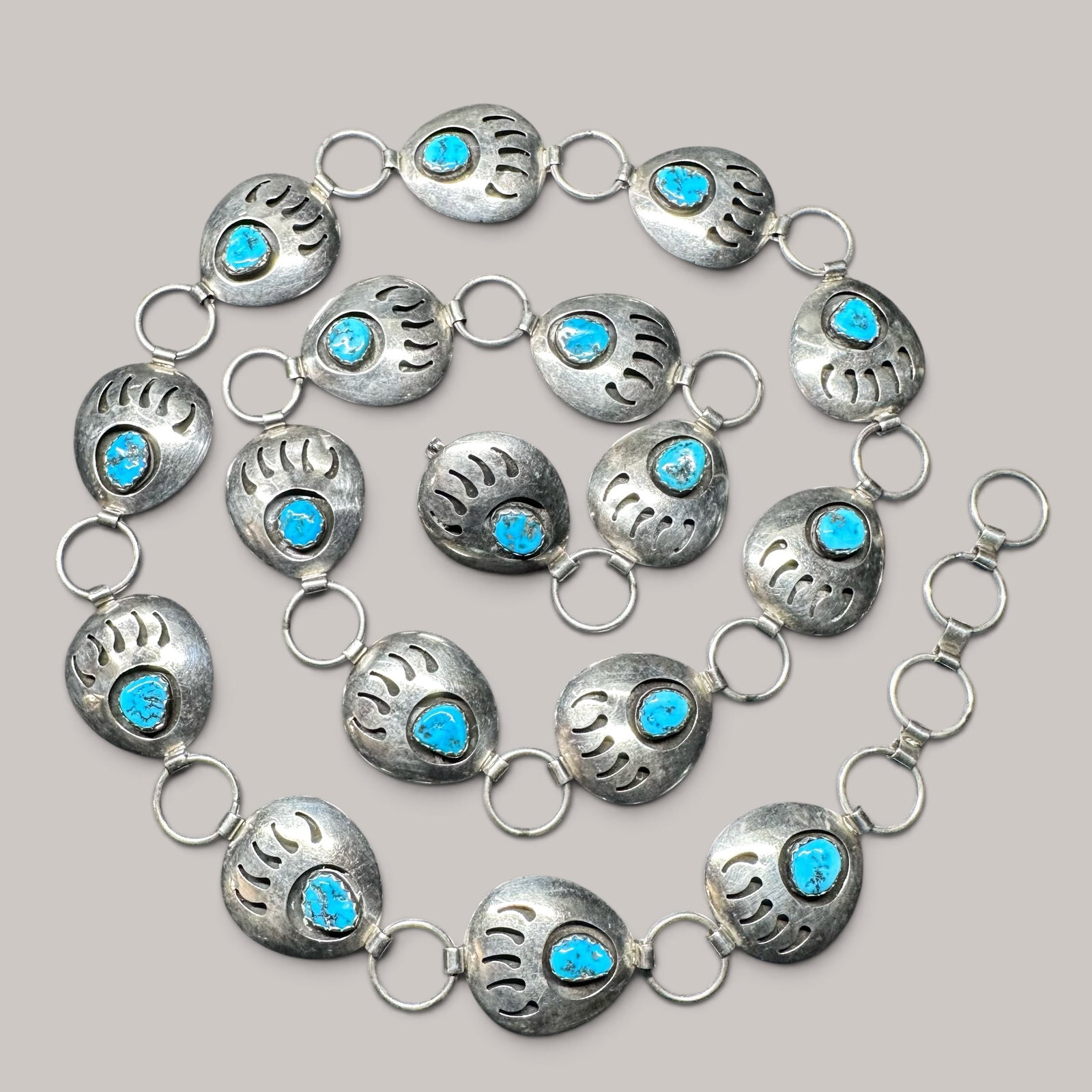 36"/119g Lester Ortiz Navajo (Diné) Sterling Silver Kingman Turquoise Bear Paw Concho Link Belt (1 of 9)