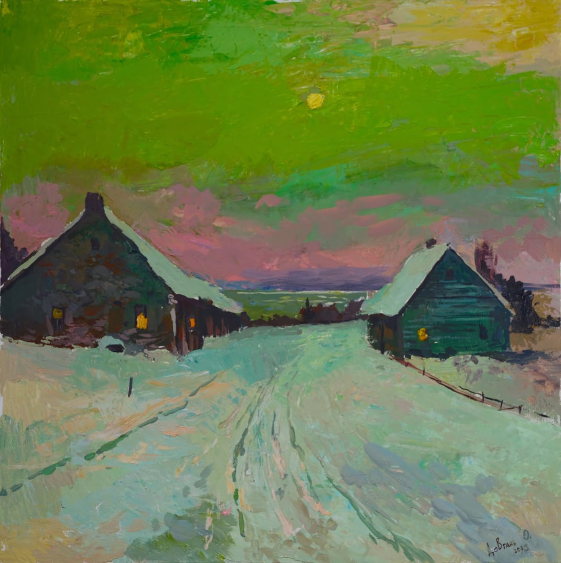 Ukrainian Contemporary Village houses at night oil painting: Contemporary Ukrainian painting. Oil on canvas, stretched, around 2 cm depth