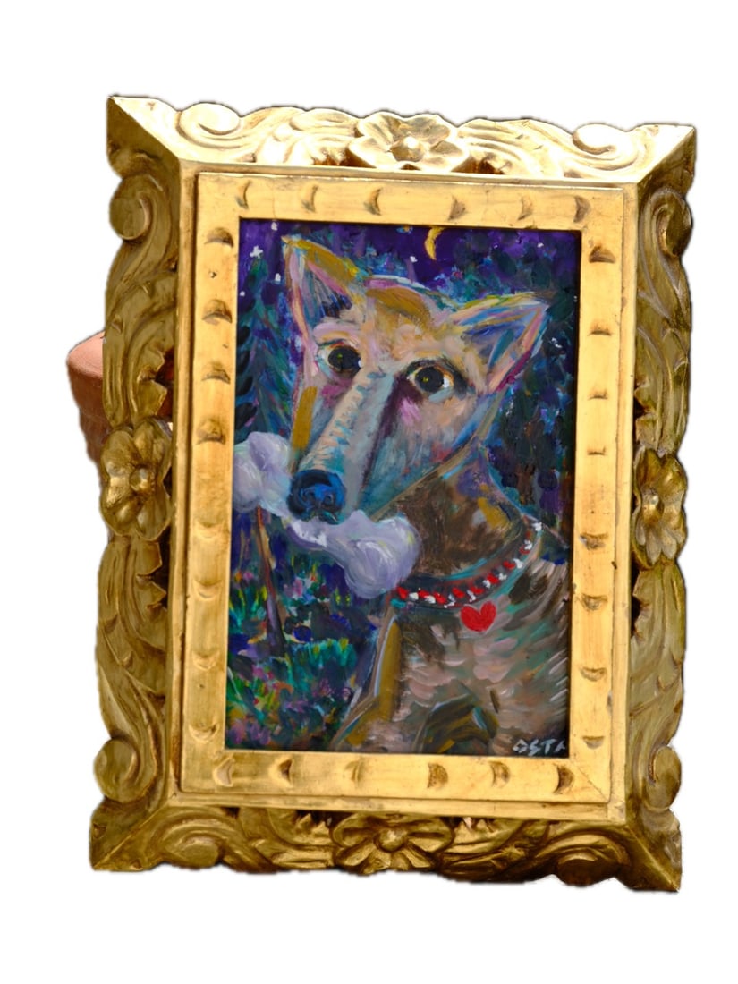 Contemporary dog painting oil on board in elaborately carved hand made gold leaf frame (1 of 4)