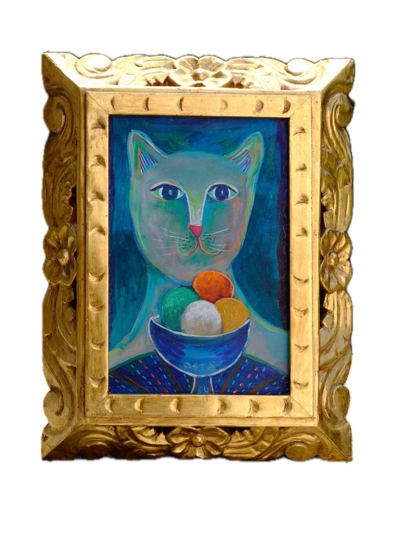 Contemporary cat painting oil on board in elaborately carved hand made gold leaf frame (1 of 3)