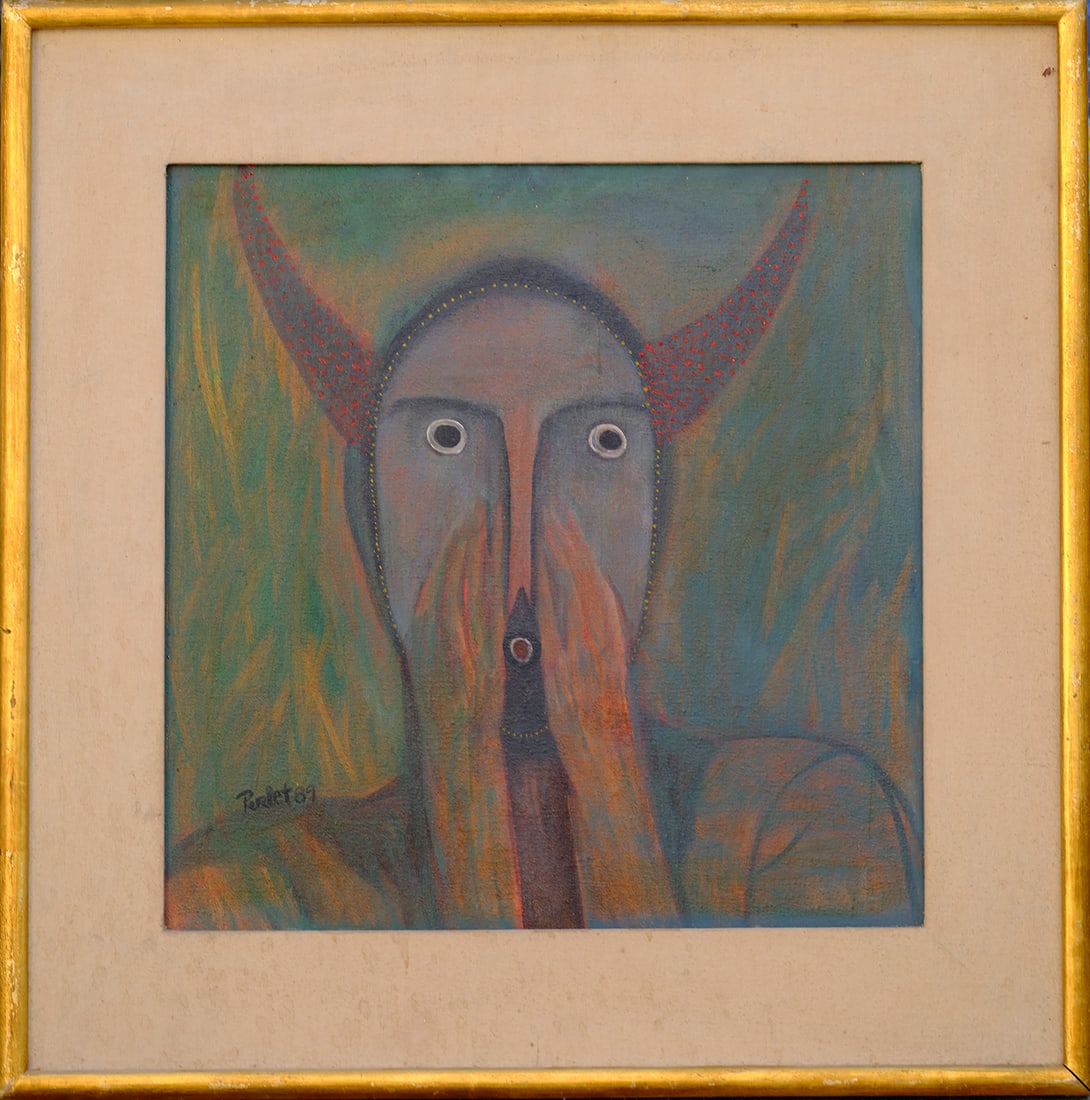 Marion Perlet (Canadian - Mexican) framed painting Homage to "The Scream" by Edvard Munch: Marion Perlet, a Munich-born, naturalized Canadian, made San Miguel de Allende her home in 1992. She was a close friend of Toller Cranston and the influence of the two artists on each other's work is
