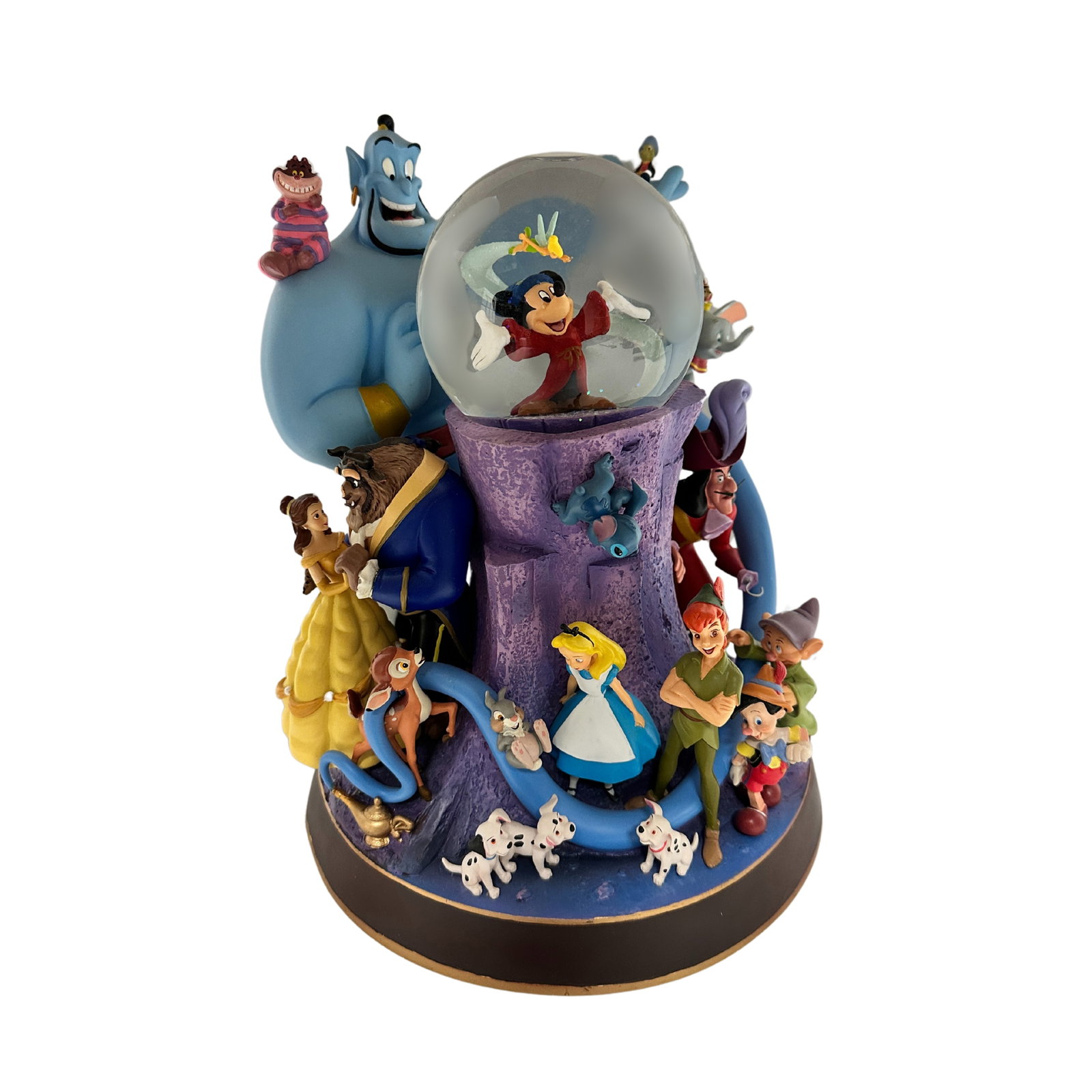 Disney Store Wonderful World Of Disney Light-Up Musical Snow Globe: A Disney wonderful world light up musical snow globe. This features Genie, Cheshire Cat, Tinker Bell, Peter Pan, Captain Hook, Dumbo, Timothy Mouse, Jiminy Cricket, Pinocchio, Stitch, Dopey, Alice, Th