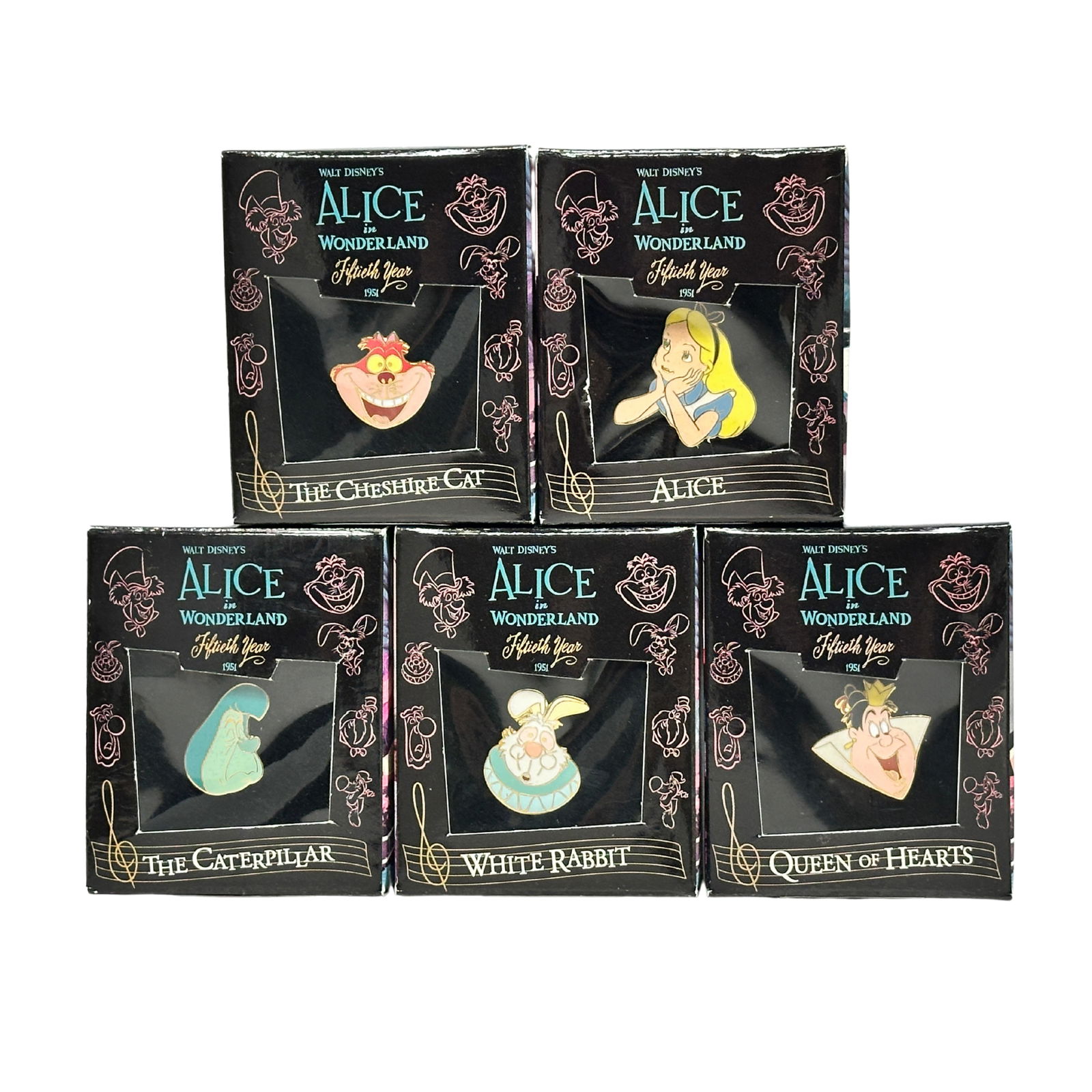 Disney Alice In Wonderland Boxed Pin Lot Of 5 Cheshire Cat White Rabbit Queen Of Hearts (1 of 4)
