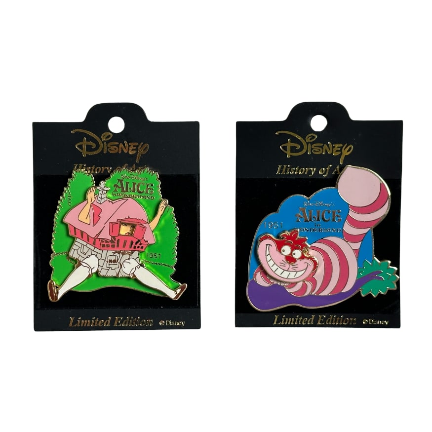 Disney History Of Art Alice In Wonderland Cheshire Cat & Alice Pin Lot Of 2: A Disney Alice In Wonderland Pin Lot Of 2. These pins feature the Cheshire Cat and Alice.