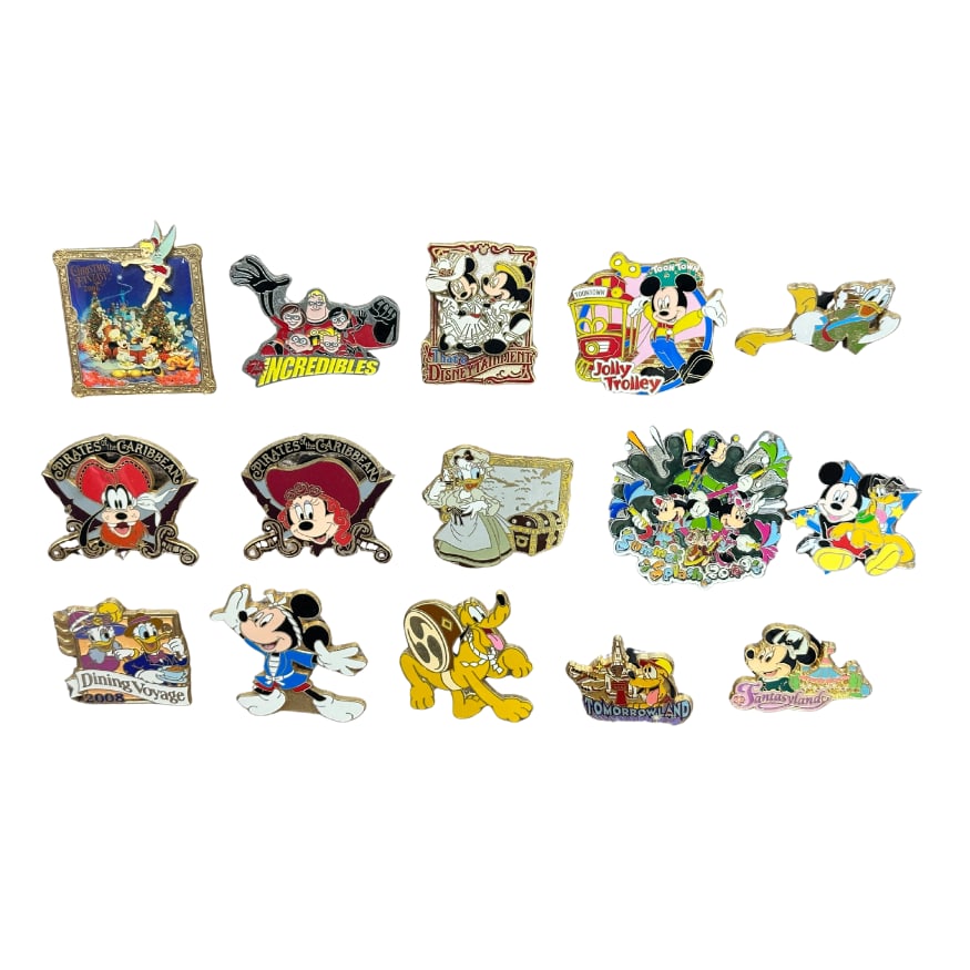 Disney Parks Mickey & Friends Assorted Pin Lot Of 15 Pirates Summer Splash: ******* FREE SHIPPING *******A Disney Parks Mickey & Friends Assorted Pin Lot Of 15. These feature Mickey, Minnie, Pluto, The Incredibles, and more.******* FREE SHIPPING *******
